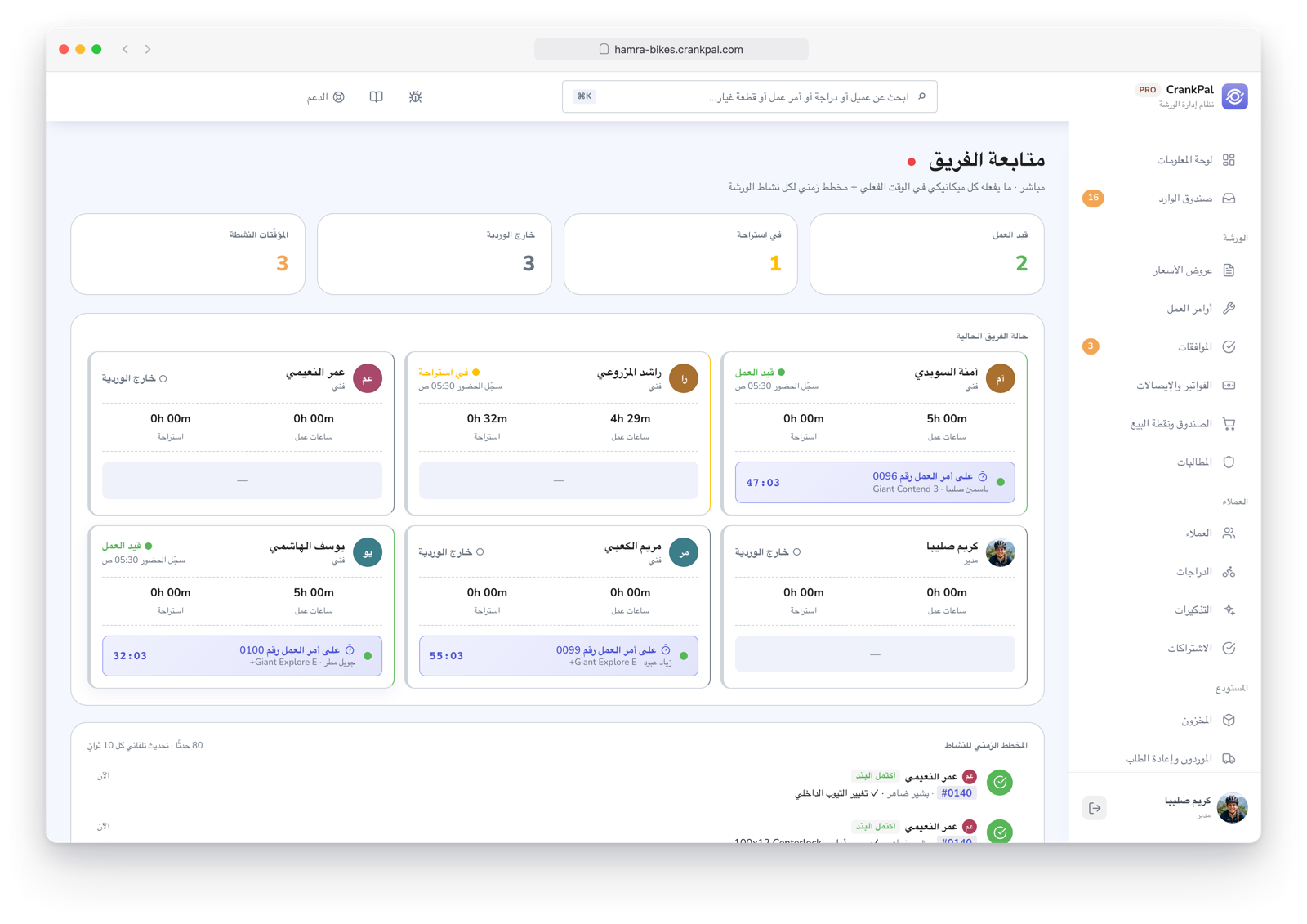 Monitor team di CrankPal in tempo reale: collaboratori al lavoro, in pausa o fuori turno, timer attivi sugli ordini e timeline live dell'attività dell'officina.