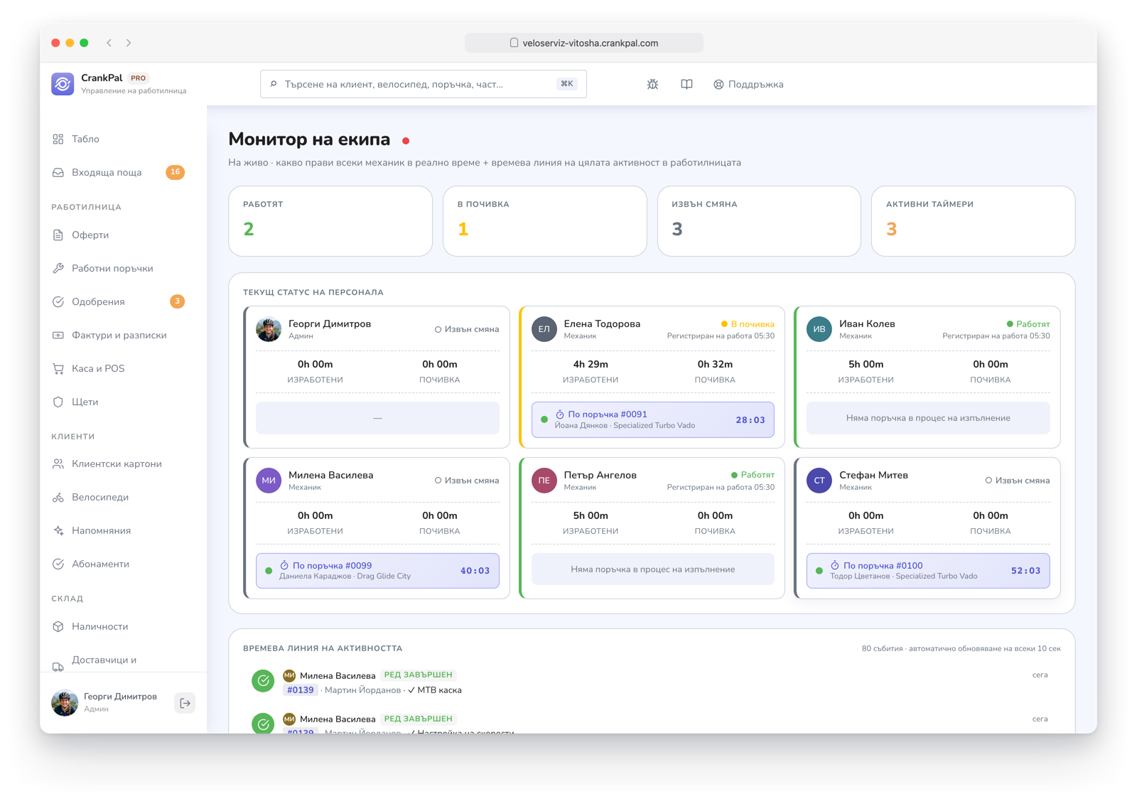 Monitor team di CrankPal in tempo reale: collaboratori al lavoro, in pausa o fuori turno, timer attivi sugli ordini e timeline live dell'attività dell'officina.
