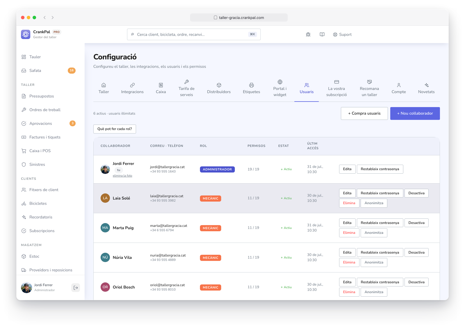 Impostazioni del gestionale CrankPal, scheda Utenti: elenco dei collaboratori con ruolo (admin, manager, meccanico), permessi per sezione, stato, ultimo accesso e azioni di modifica, reset password e disabilitazione.