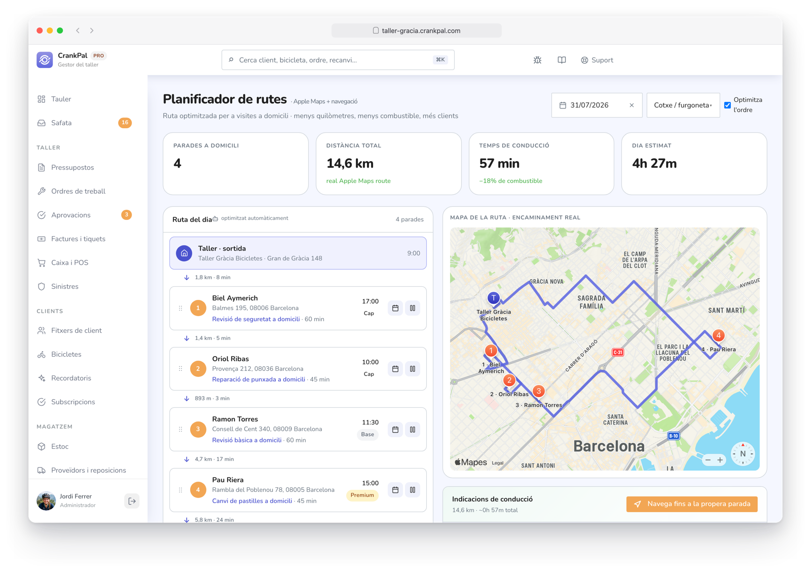 Route Planner di CrankPal: percorso a domicilio ottimizzato su mappa con tappe ordinate, distanza totale, tempo di guida e durata stimata della giornata.