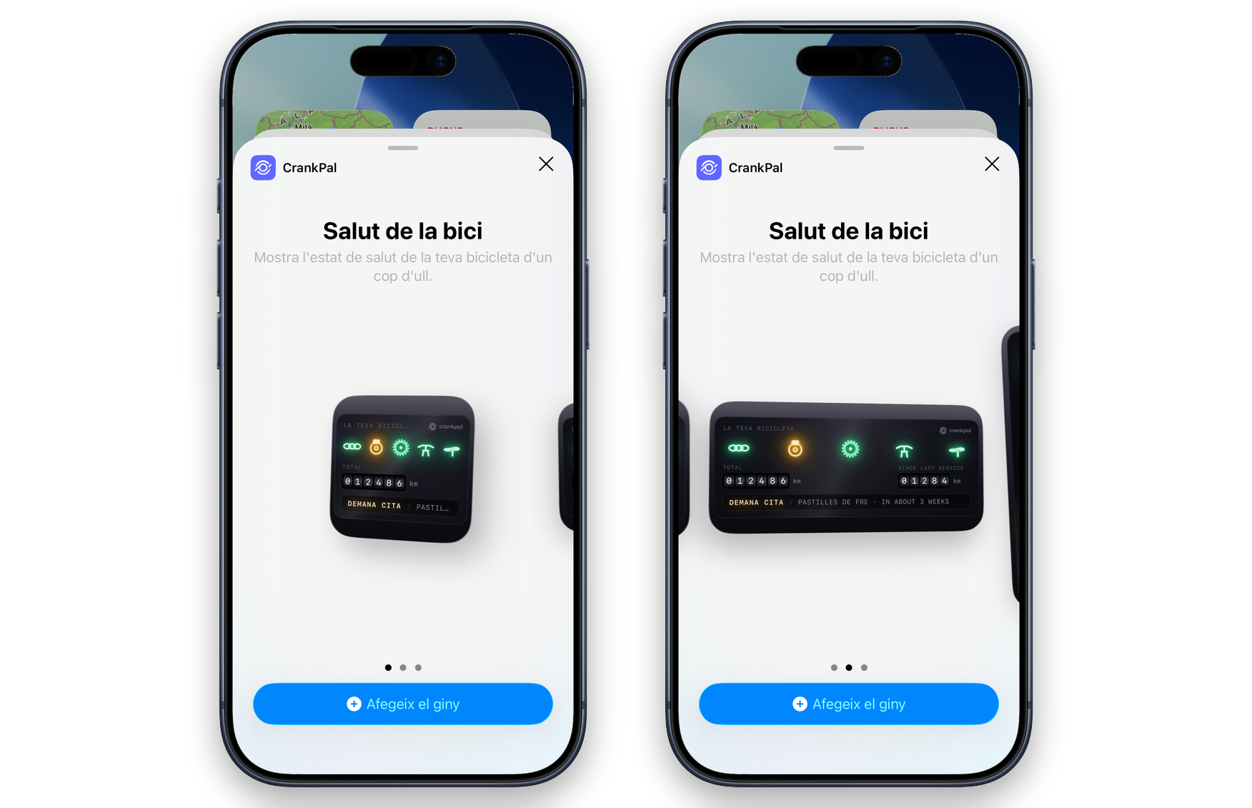 La galeria de ginys d'iOS amb el giny de CrankPal en dues mides, en la llengua del client: els testimonis dels components, el comptaquilòmetres i la crida a reservar una revisió.