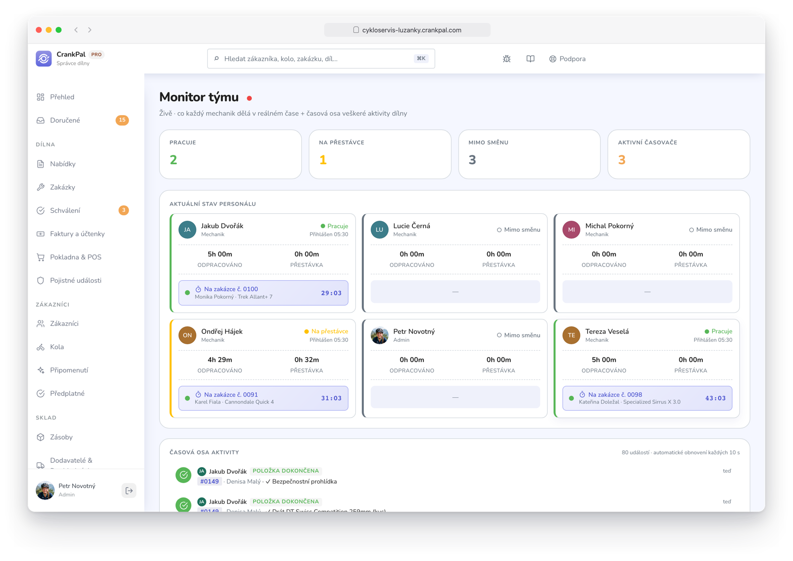 Monitor team di CrankPal in tempo reale: collaboratori al lavoro, in pausa o fuori turno, timer attivi sugli ordini e timeline live dell'attività dell'officina.