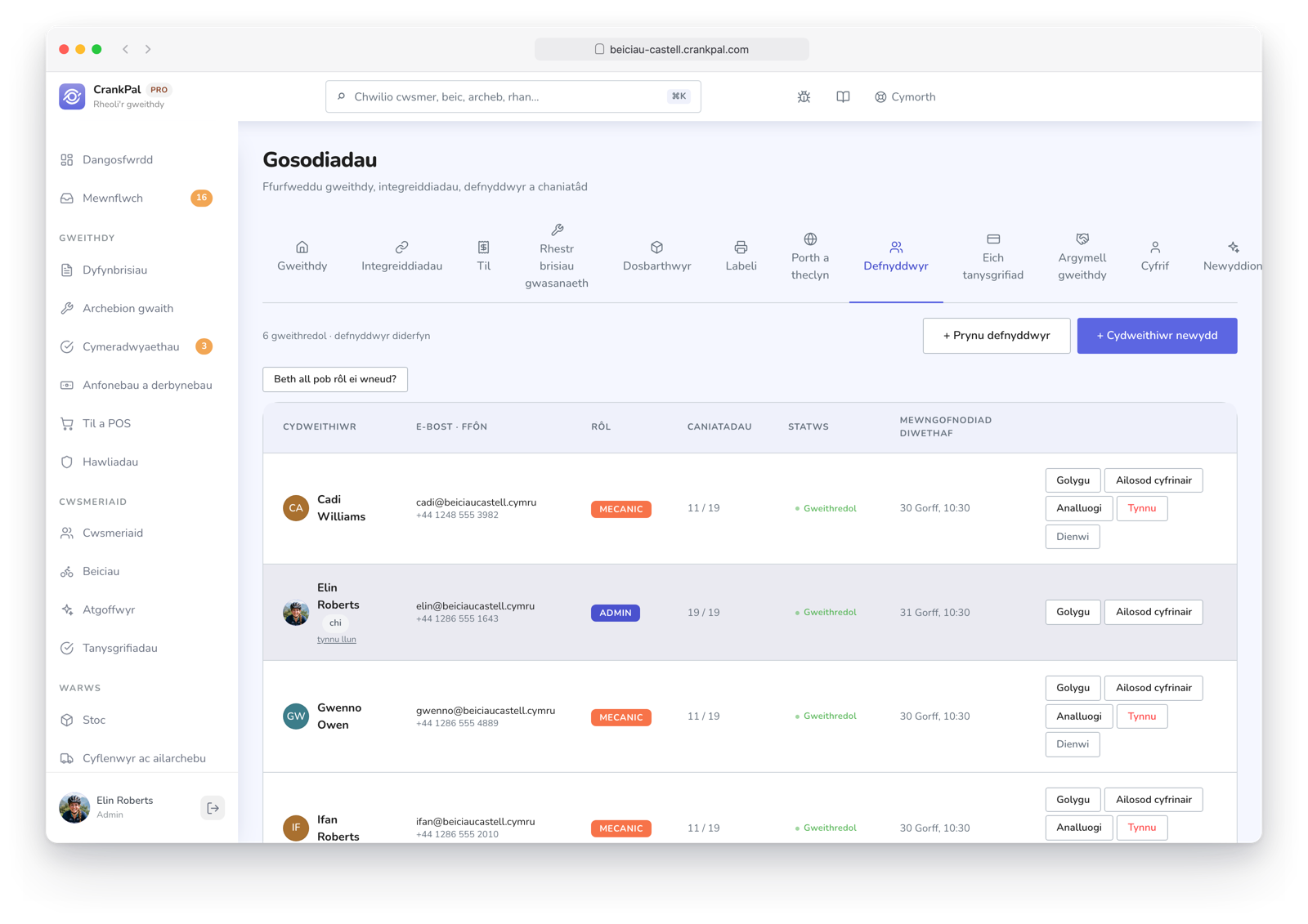 Impostazioni del gestionale CrankPal, scheda Utenti: elenco dei collaboratori con ruolo (admin, manager, meccanico), permessi per sezione, stato, ultimo accesso e azioni di modifica, reset password e disabilitazione.