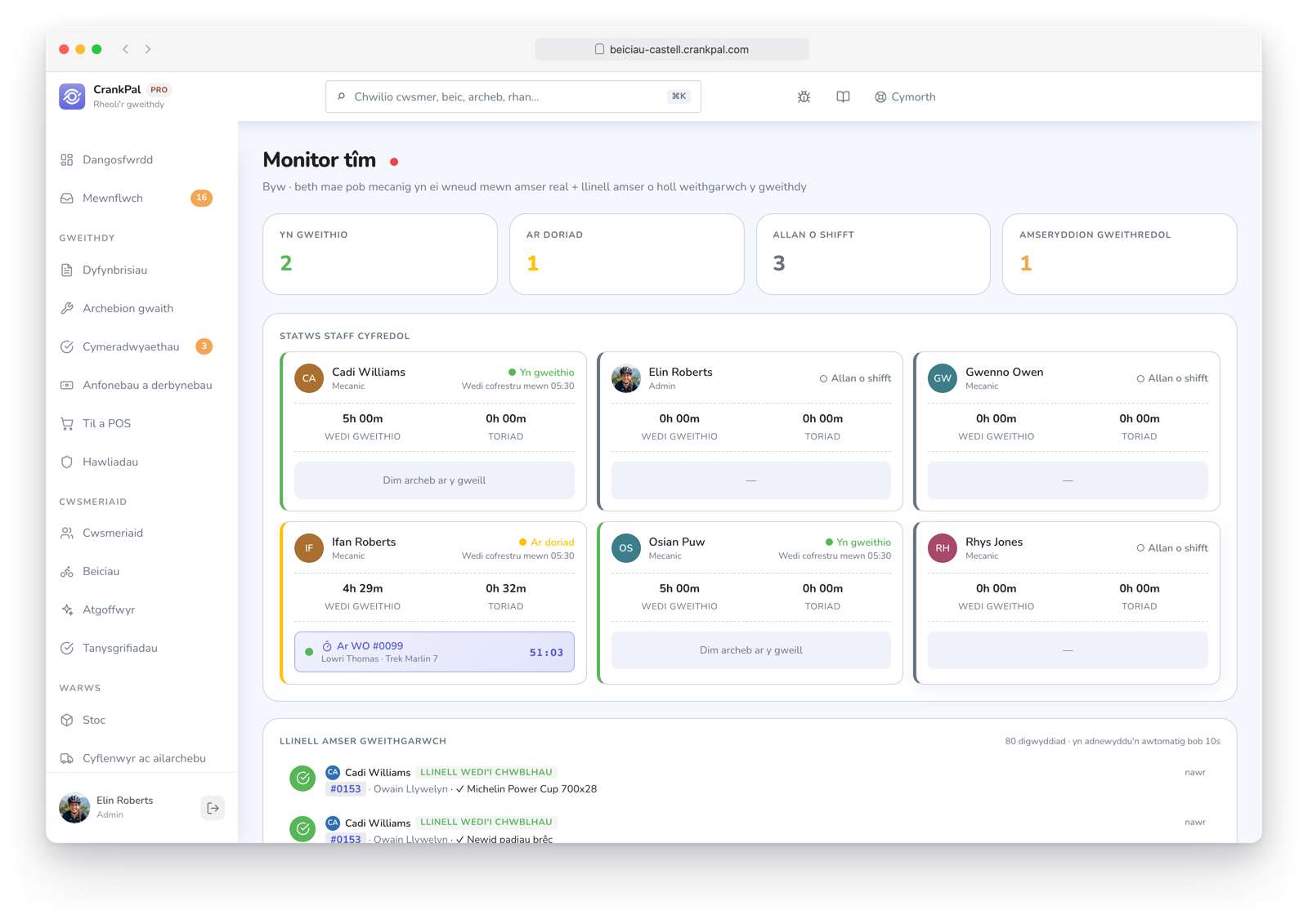 Monitor team di CrankPal in tempo reale: collaboratori al lavoro, in pausa o fuori turno, timer attivi sugli ordini e timeline live dell'attività dell'officina.