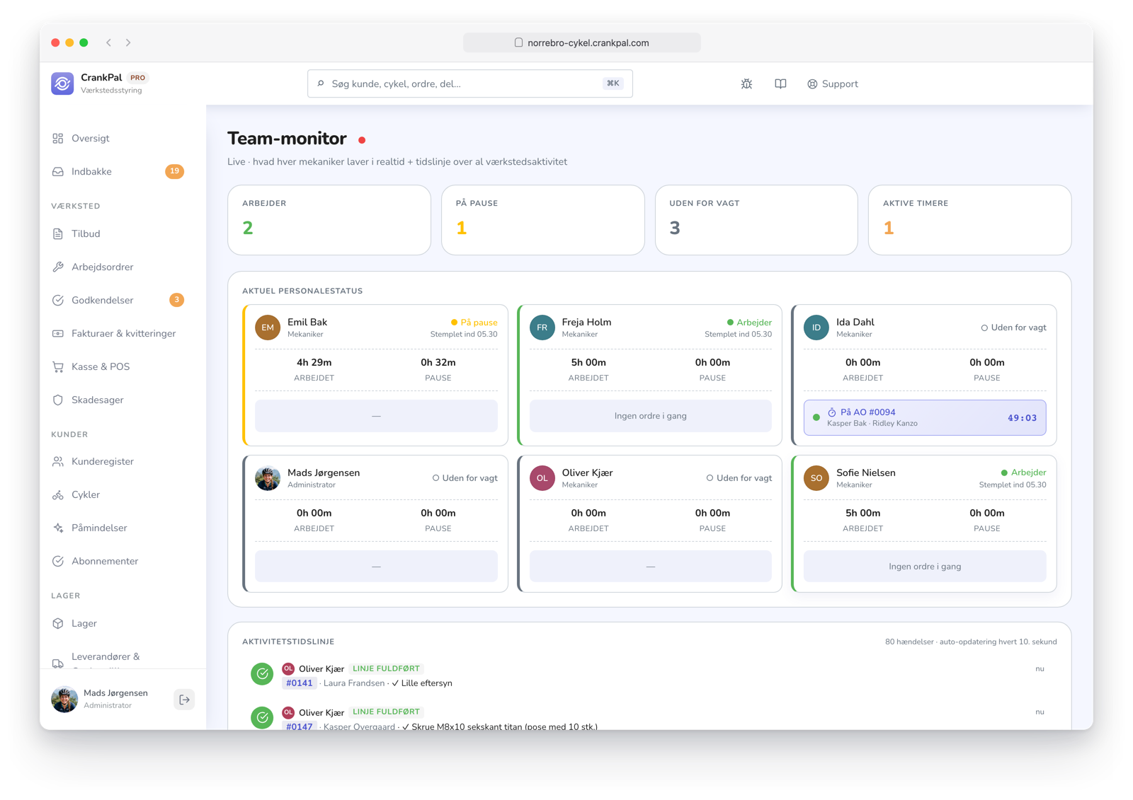 Monitor team di CrankPal in tempo reale: collaboratori al lavoro, in pausa o fuori turno, timer attivi sugli ordini e timeline live dell'attività dell'officina.