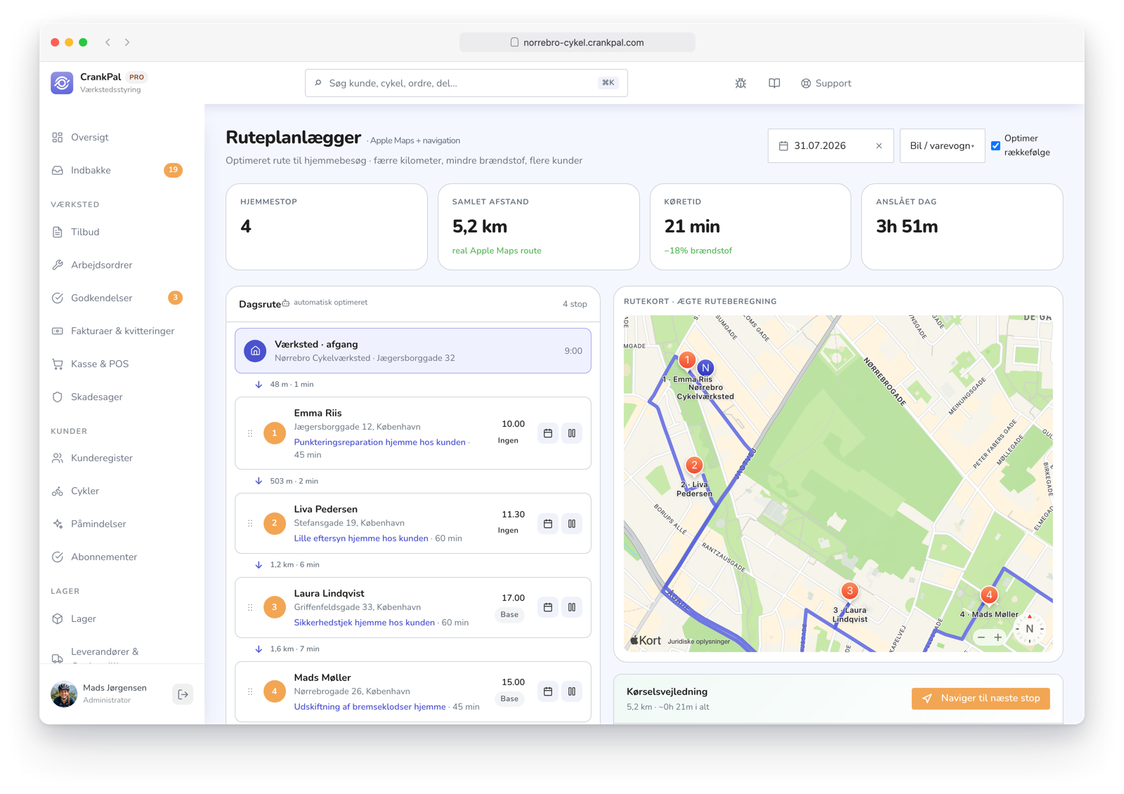 Route Planner di CrankPal: percorso a domicilio ottimizzato su mappa con tappe ordinate, distanza totale, tempo di guida e durata stimata della giornata.