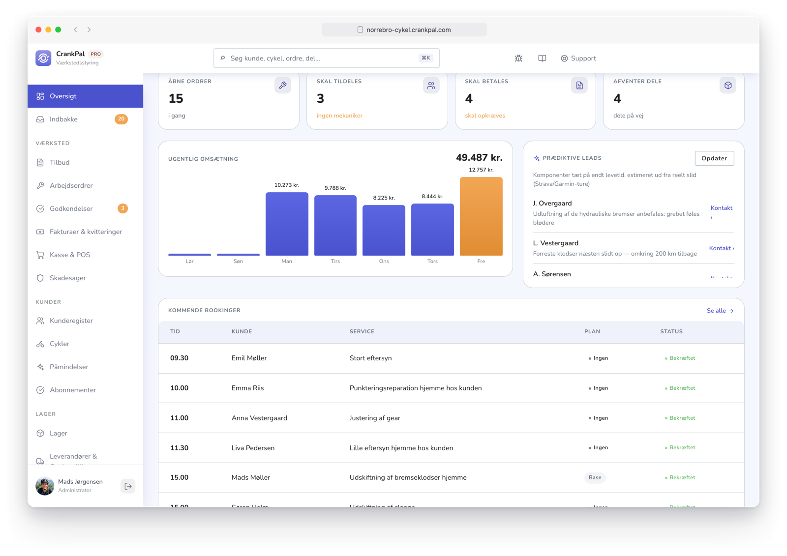 Gestionale CrankPal con i lead predittivi dell'AI sui componenti da controllare e i clienti pronti a un nuovo intervento.