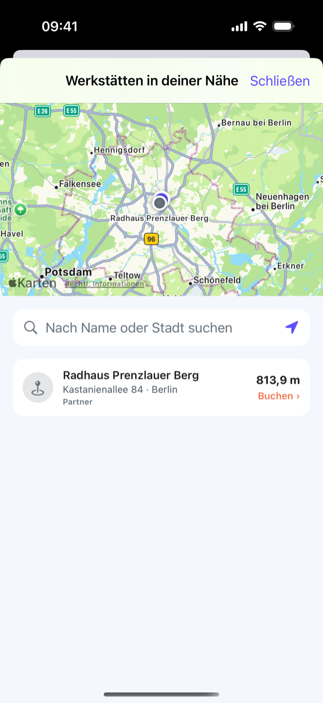 Die CrankPal-App: die Karte der Werkstätten in der Nähe, mit Werkstattkarte, Entfernung und Schaltfläche zum Buchen