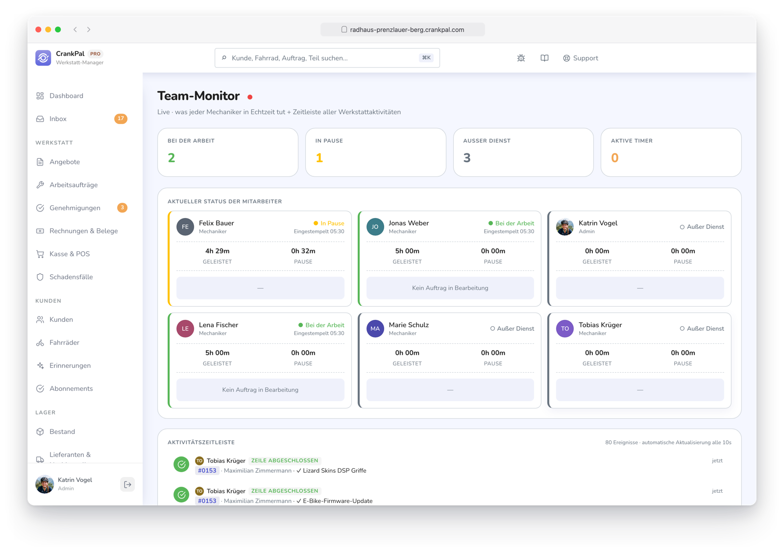 Monitor team di CrankPal in tempo reale: collaboratori al lavoro, in pausa o fuori turno, timer attivi sugli ordini e timeline live dell'attività dell'officina.