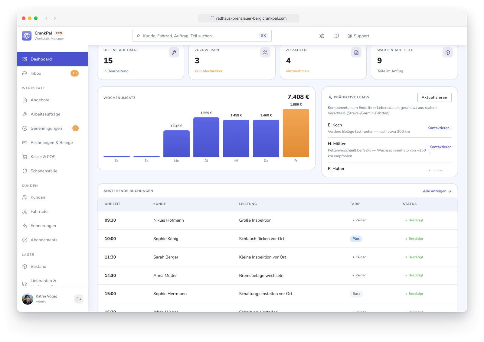 Gestionale CrankPal con i lead predittivi dell'AI sui componenti da controllare e i clienti pronti a un nuovo intervento.