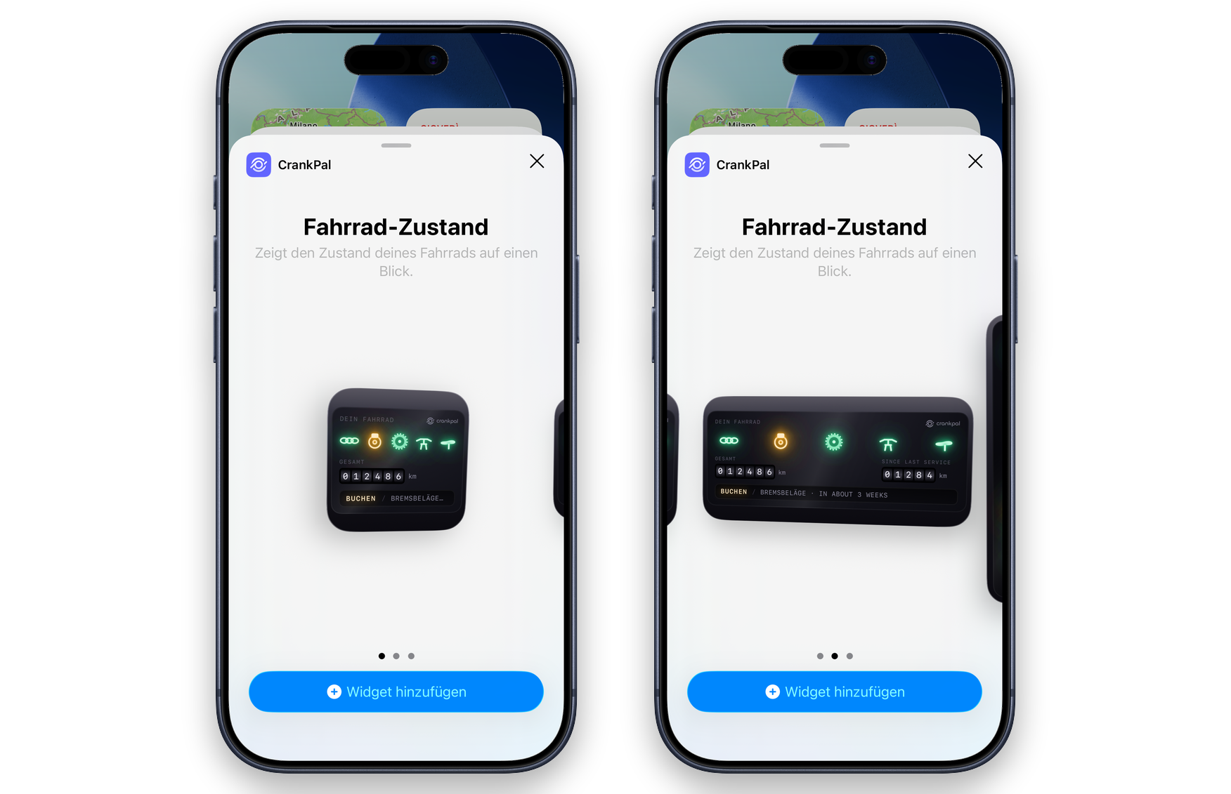 Die iOS-Widget-Galerie mit dem CrankPal-Widget in zwei Größen, in der Sprache des Kunden: die Komponenten-Leuchten, der Kilometerstand und die Aufforderung, einen Check zu buchen.