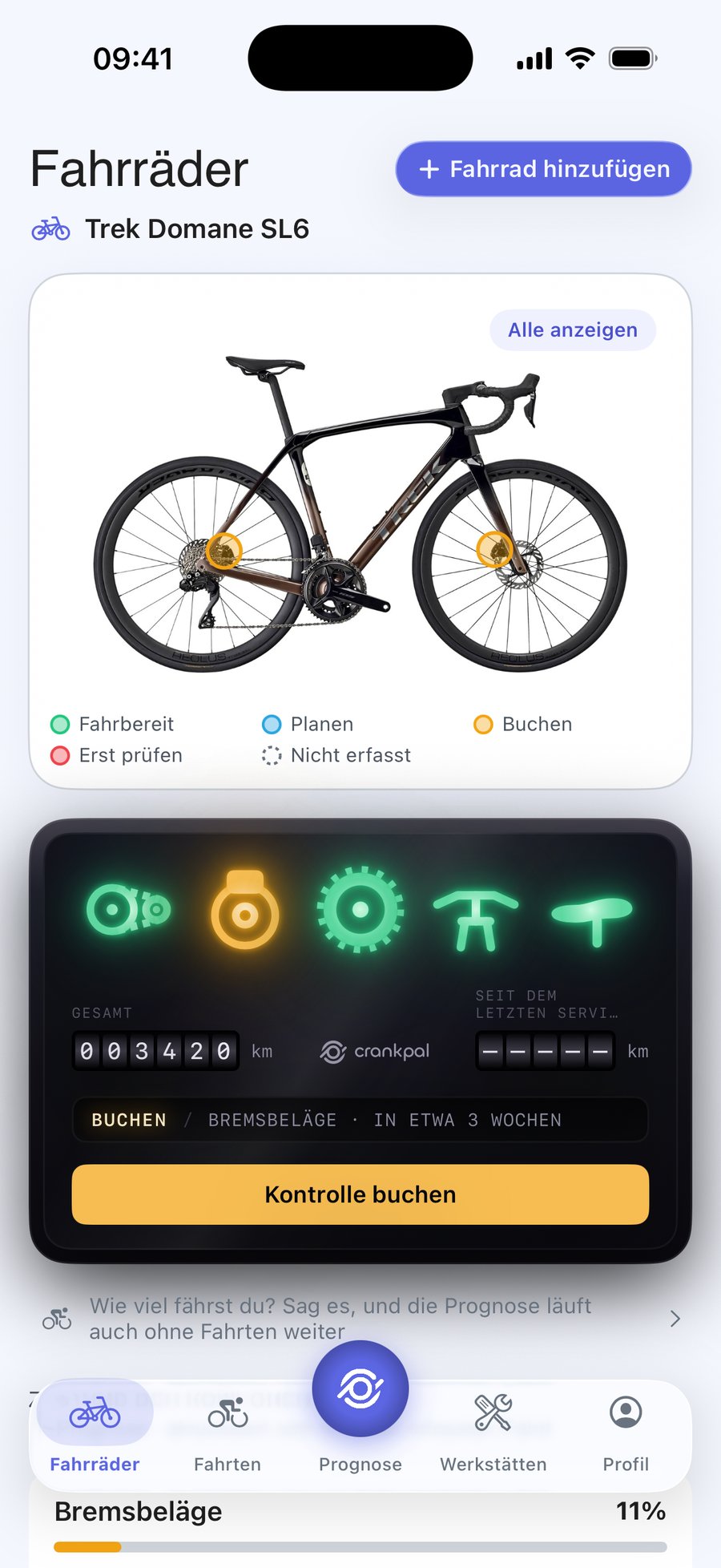 CrankPal App: der Zustand des Rads und die Verschleißprognose für die Kette, mit Terminbuchung