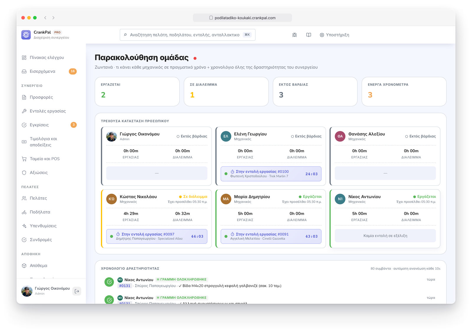 Monitor team di CrankPal in tempo reale: collaboratori al lavoro, in pausa o fuori turno, timer attivi sugli ordini e timeline live dell'attività dell'officina.