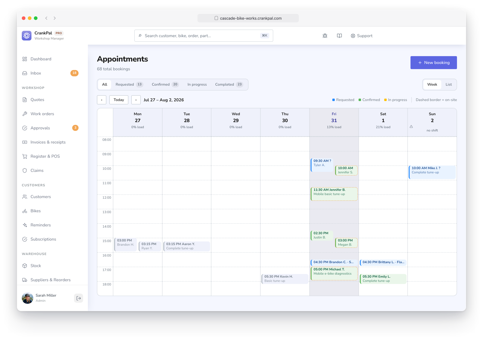 Agenda settimanale degli appuntamenti di CrankPal con stati richiesta, confermata, in corso e completata, carico per giorno e bordo tratteggiato per gli interventi a domicilio.