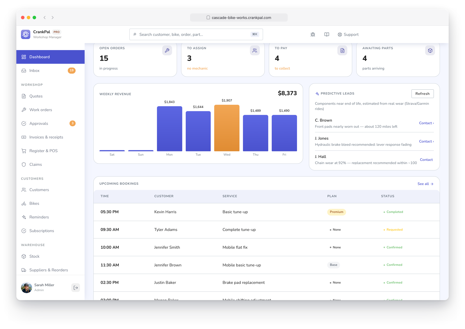 Gestionale CrankPal con i lead predittivi dell'app e le prossime prenotazioni in arrivo dai ciclisti della community.