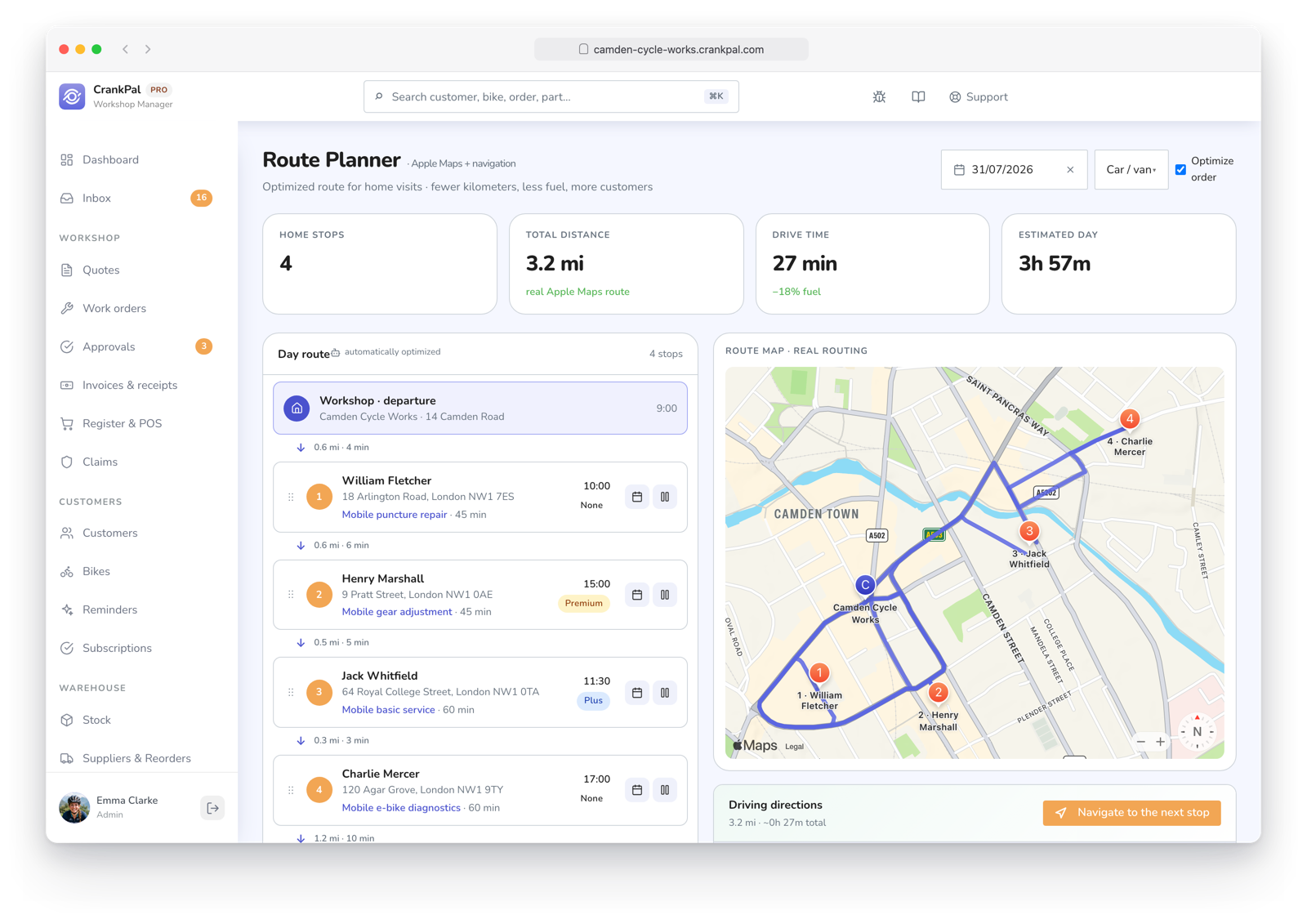 Route Planner di CrankPal: percorso a domicilio ottimizzato su mappa con tappe ordinate, distanza totale, tempo di guida e durata stimata della giornata.
