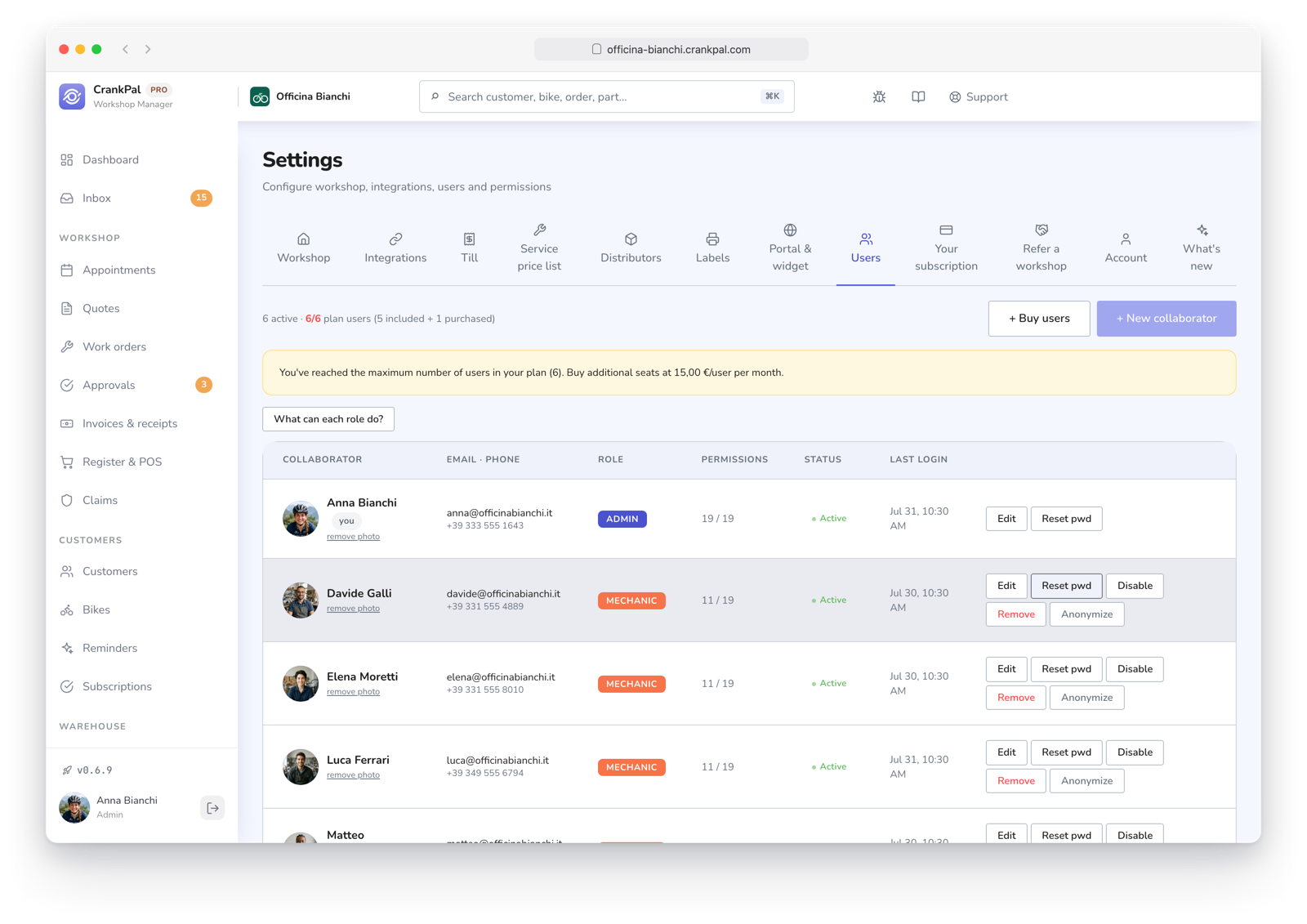 Impostazioni del gestionale CrankPal, scheda Utenti: elenco dei collaboratori con ruolo (admin, manager, meccanico), permessi per sezione, stato, ultimo accesso e azioni di modifica, reset password e disabilitazione.