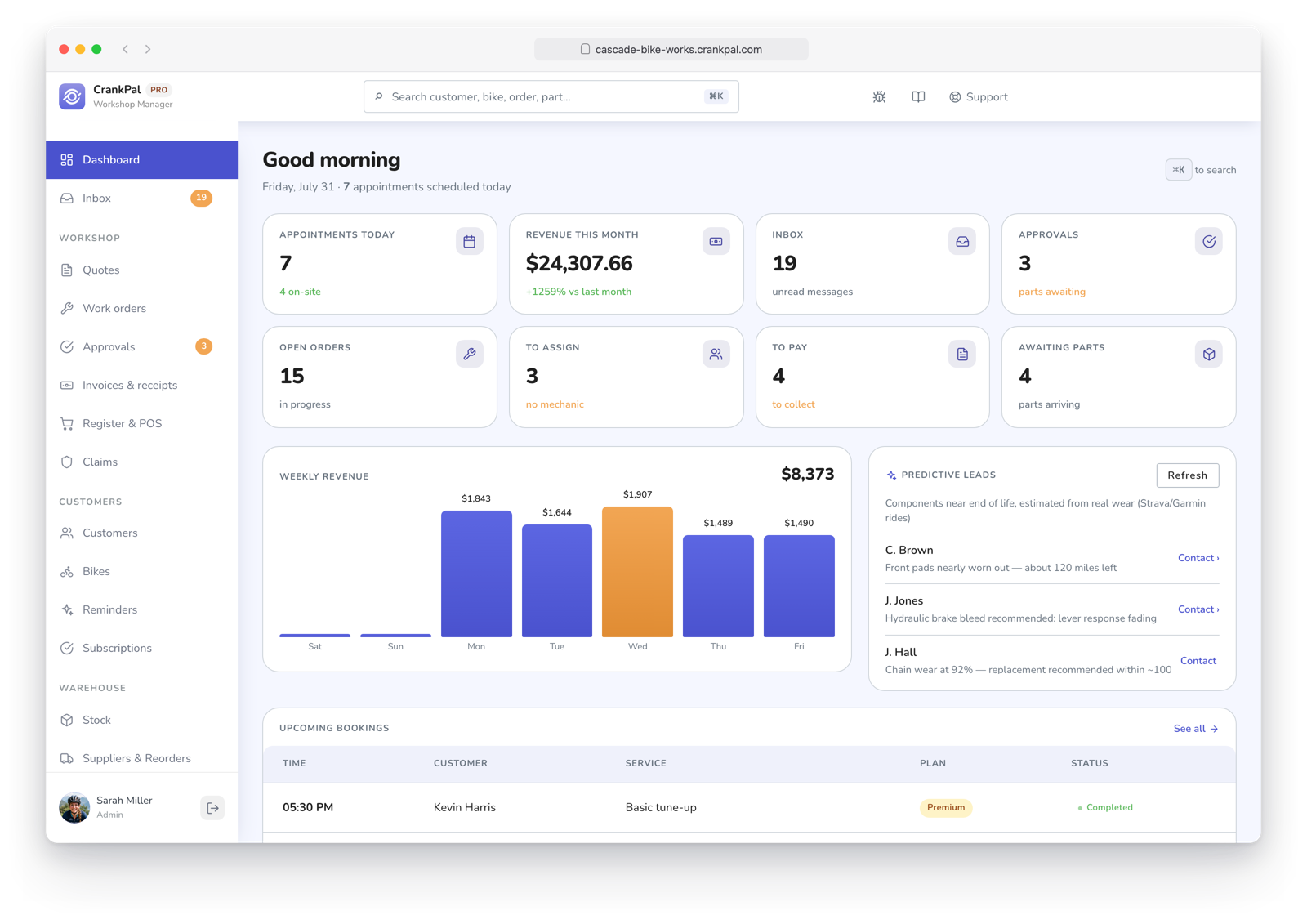 Dashboard del gestionale CrankPal: appuntamenti del giorno, ricavi del mese, ordini aperti, incassi da fare, grafico ricavi settimanali e lead predittivi dell'AI.