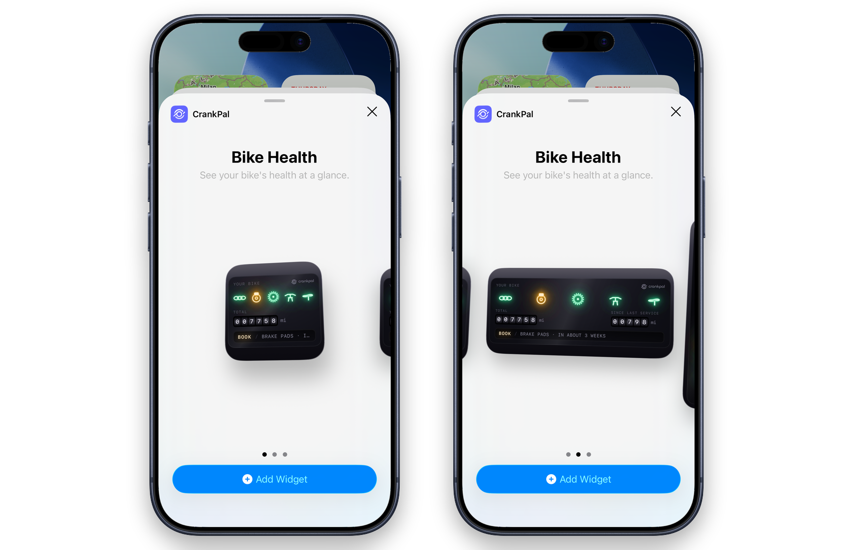 The iOS widget gallery with the CrankPal widget in two sizes, in the customer's language: component lamps, the odometer and the prompt to book a check-up