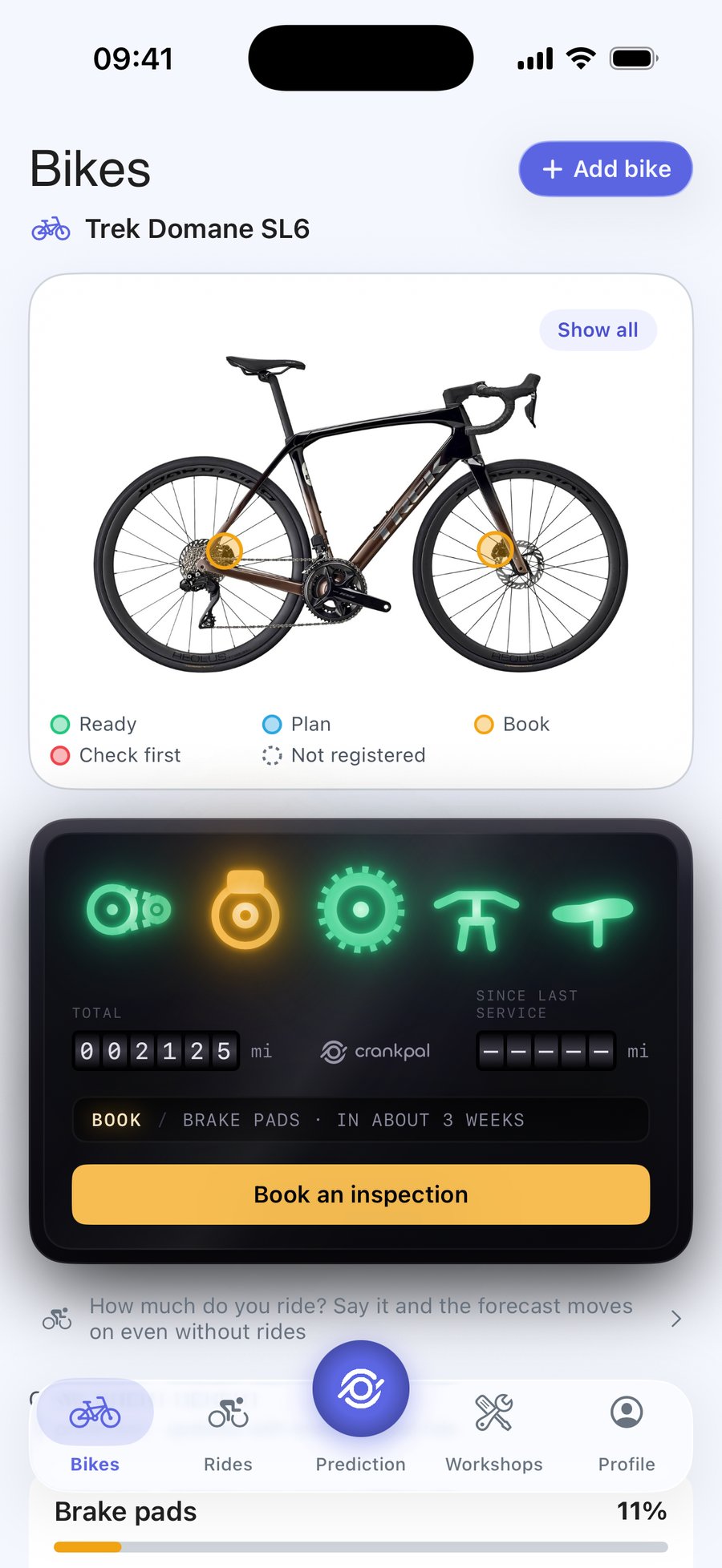 CrankPal app: bike health and the chain wear forecast, with service booking