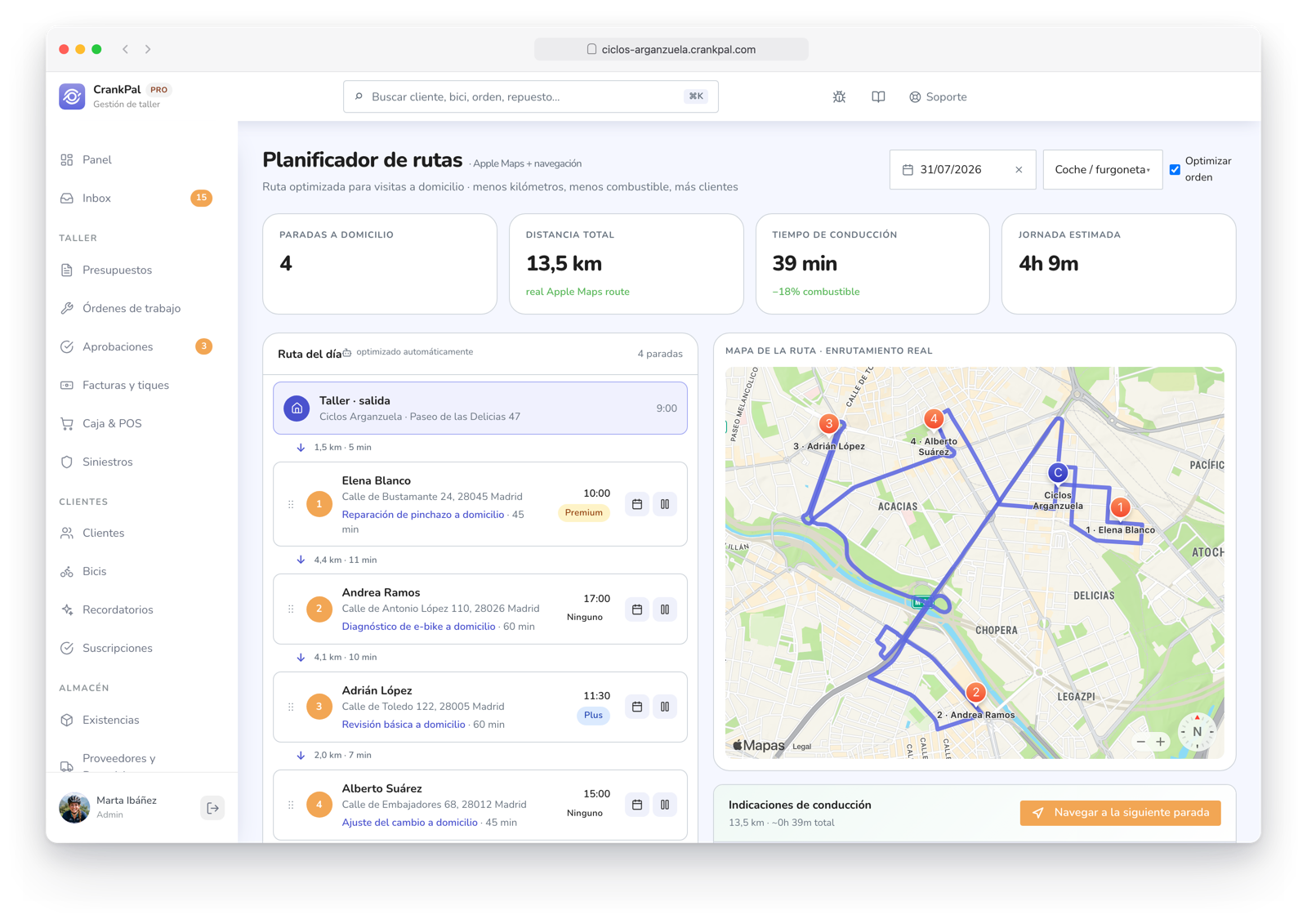 Route Planner di CrankPal: percorso a domicilio ottimizzato su mappa con tappe ordinate, distanza totale, tempo di guida e durata stimata della giornata.