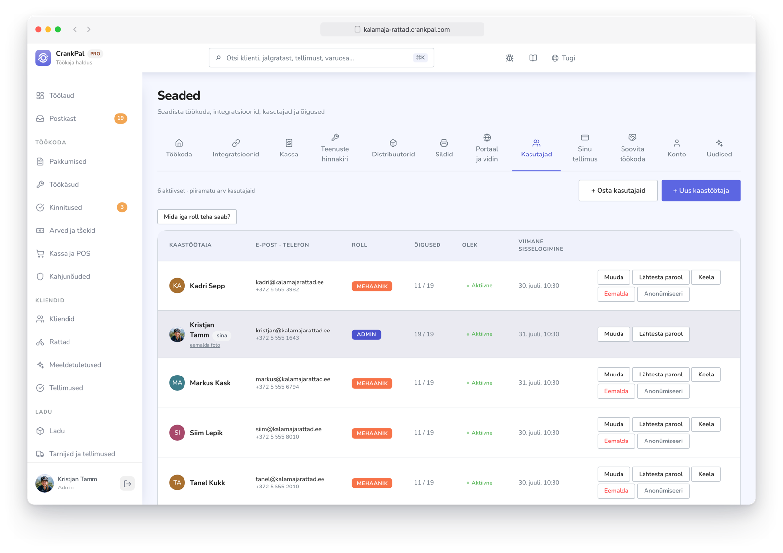 Impostazioni del gestionale CrankPal, scheda Utenti: elenco dei collaboratori con ruolo (admin, manager, meccanico), permessi per sezione, stato, ultimo accesso e azioni di modifica, reset password e disabilitazione.