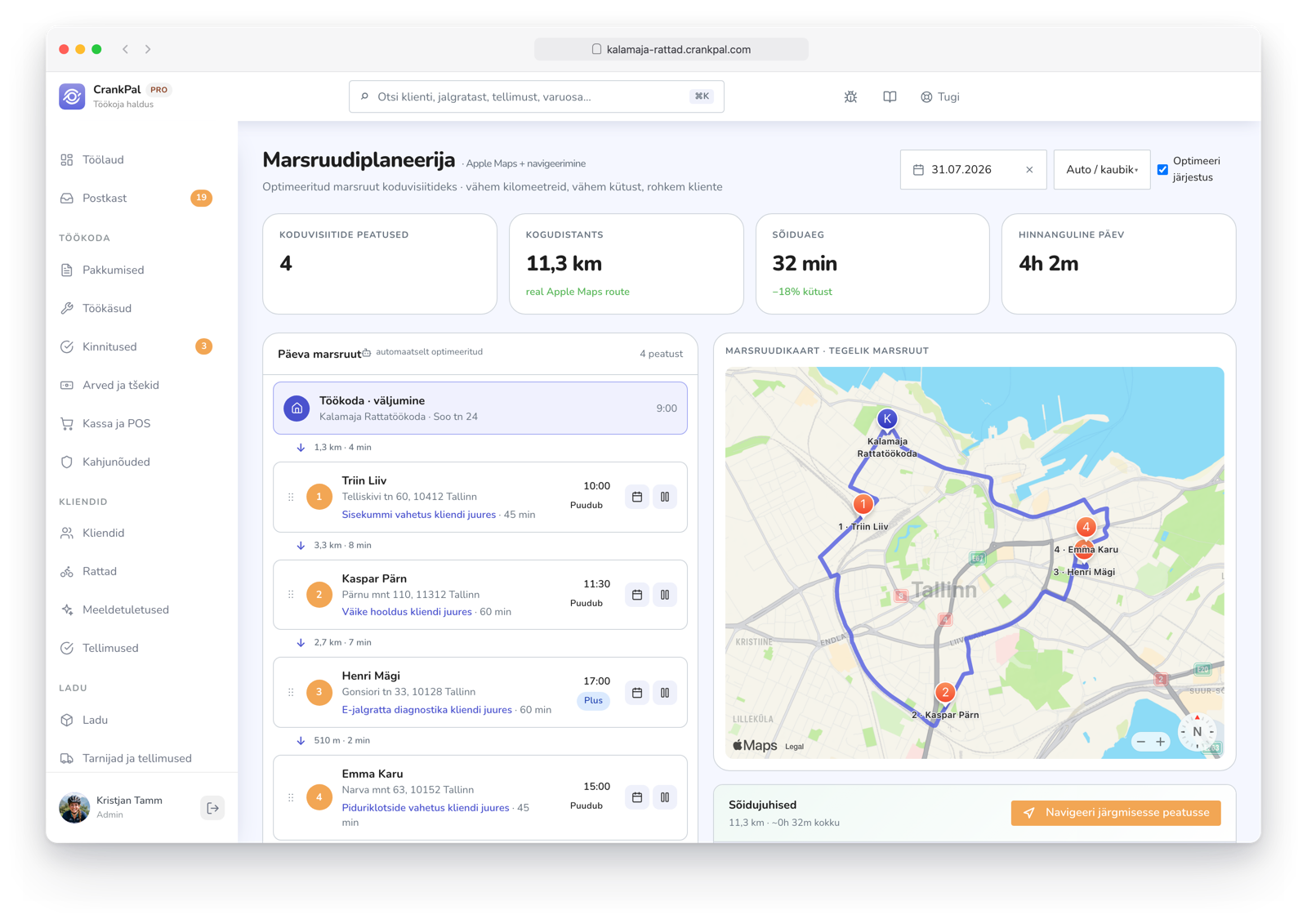 Route Planner di CrankPal: percorso a domicilio ottimizzato su mappa con tappe ordinate, distanza totale, tempo di guida e durata stimata della giornata.