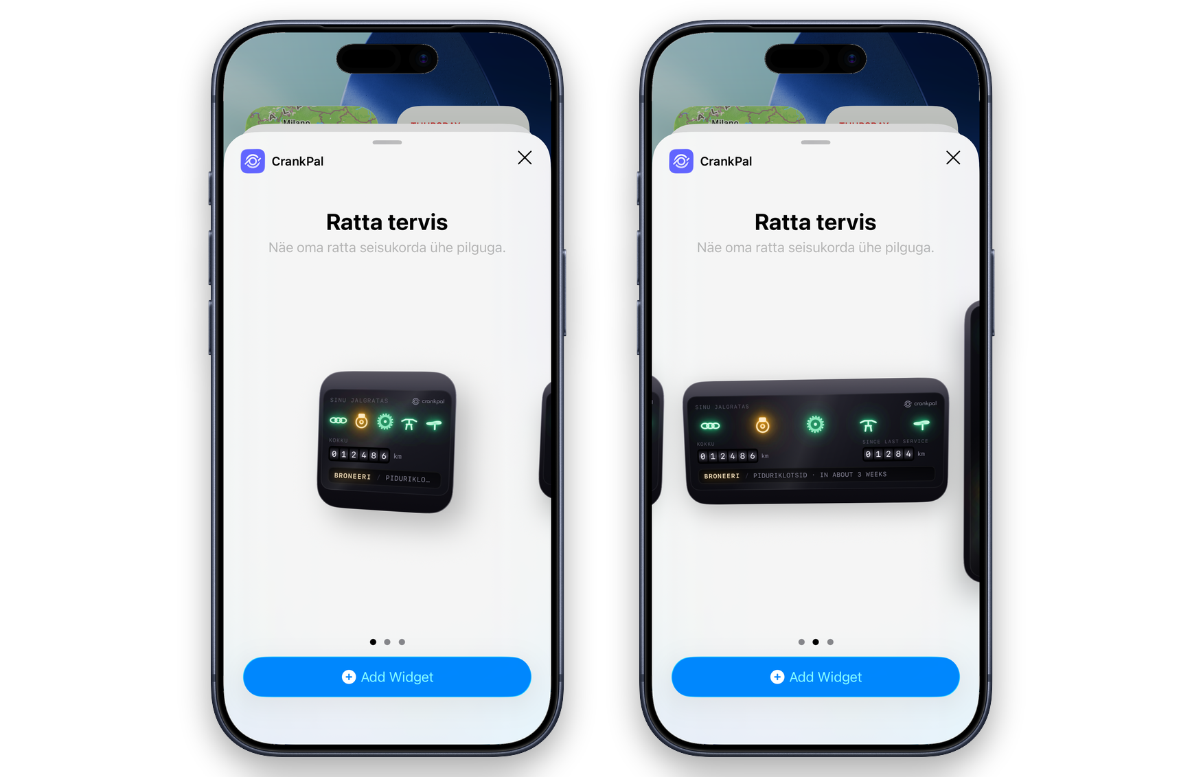iOS-i vidinagalerii CrankPali vidinaga kahes suuruses, kliendi keeles: komponentide märgutuled, läbisõit ja üleskutse ülevaatust broneerida