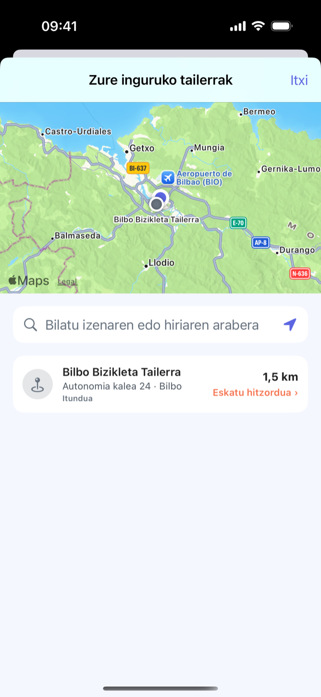 CrankPal aplikazioa: inguruko tailerren mapa, tailerraren fitxa, distantzia eta erreserbatzeko botoia
