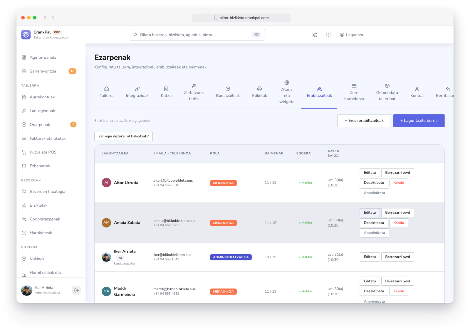 Impostazioni del gestionale CrankPal, scheda Utenti: elenco dei collaboratori con ruolo (admin, manager, meccanico), permessi per sezione, stato, ultimo accesso e azioni di modifica, reset password e disabilitazione.