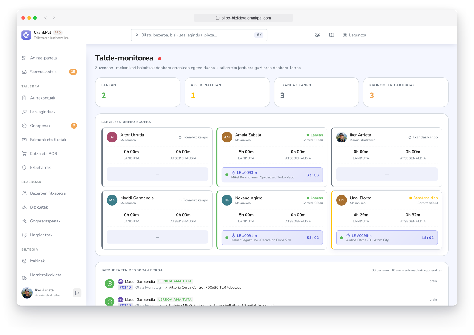 Monitor team di CrankPal in tempo reale: collaboratori al lavoro, in pausa o fuori turno, timer attivi sugli ordini e timeline live dell'attività dell'officina.