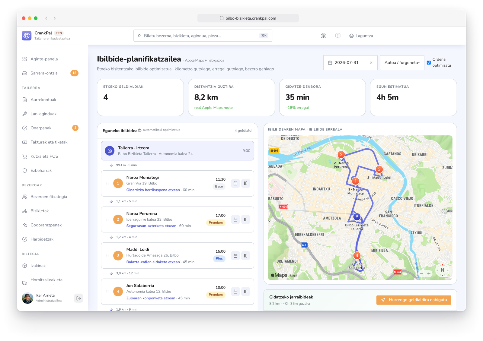 Route Planner di CrankPal: percorso a domicilio ottimizzato su mappa con tappe ordinate, distanza totale, tempo di guida e durata stimata della giornata.