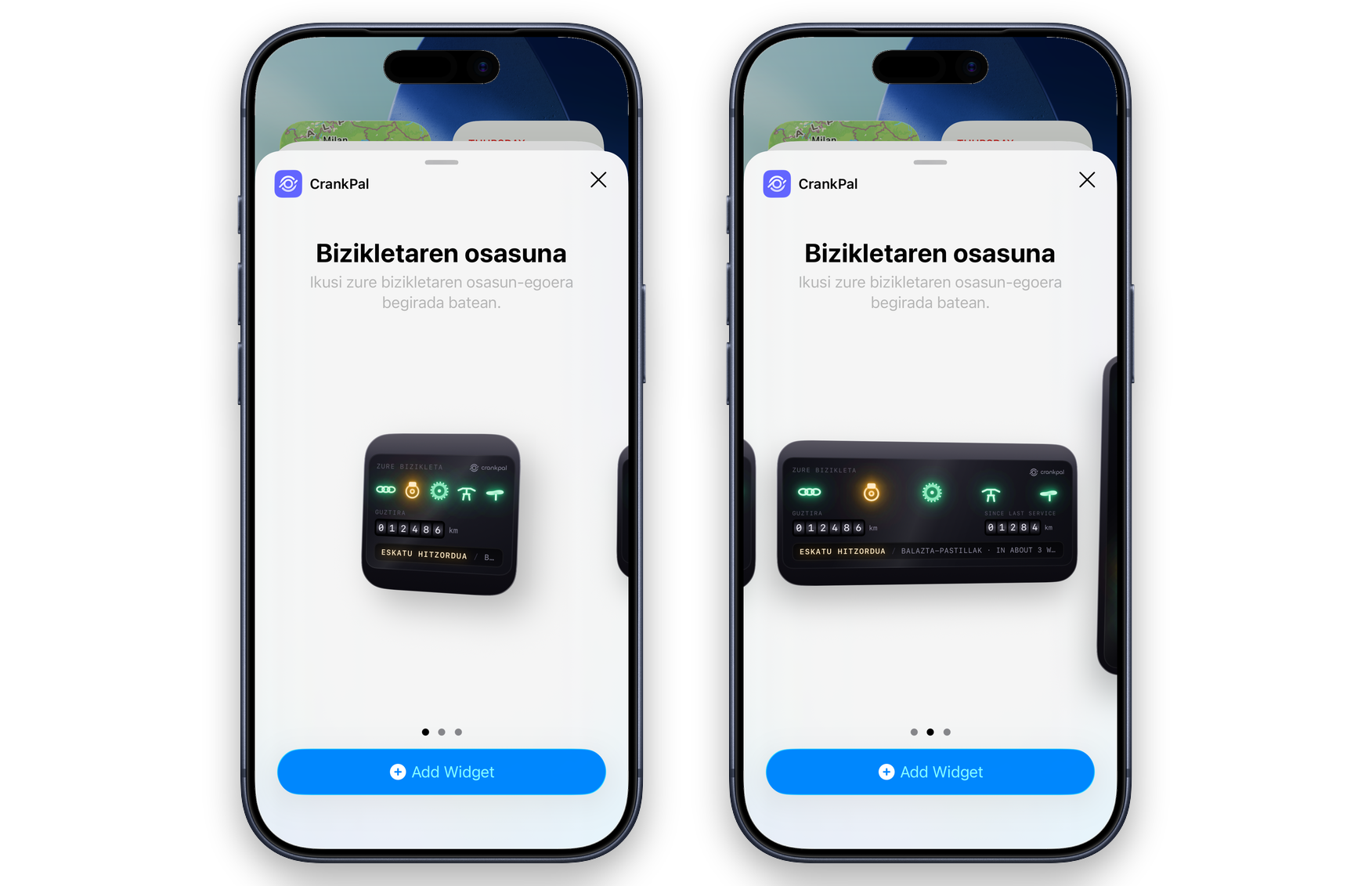 iOSeko widget-galeria, CrankPal widgetarekin bi tamainatan: osagai-taldeen argiak, kilometrajea eta berrikuspen bat erreserbatzeko gonbita