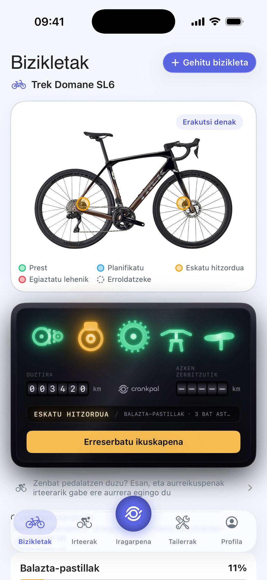 CrankPal app-a: bizikletaren egoera eta katearen higadura-aurreikuspena, zerbitzuaren erreserbarekin