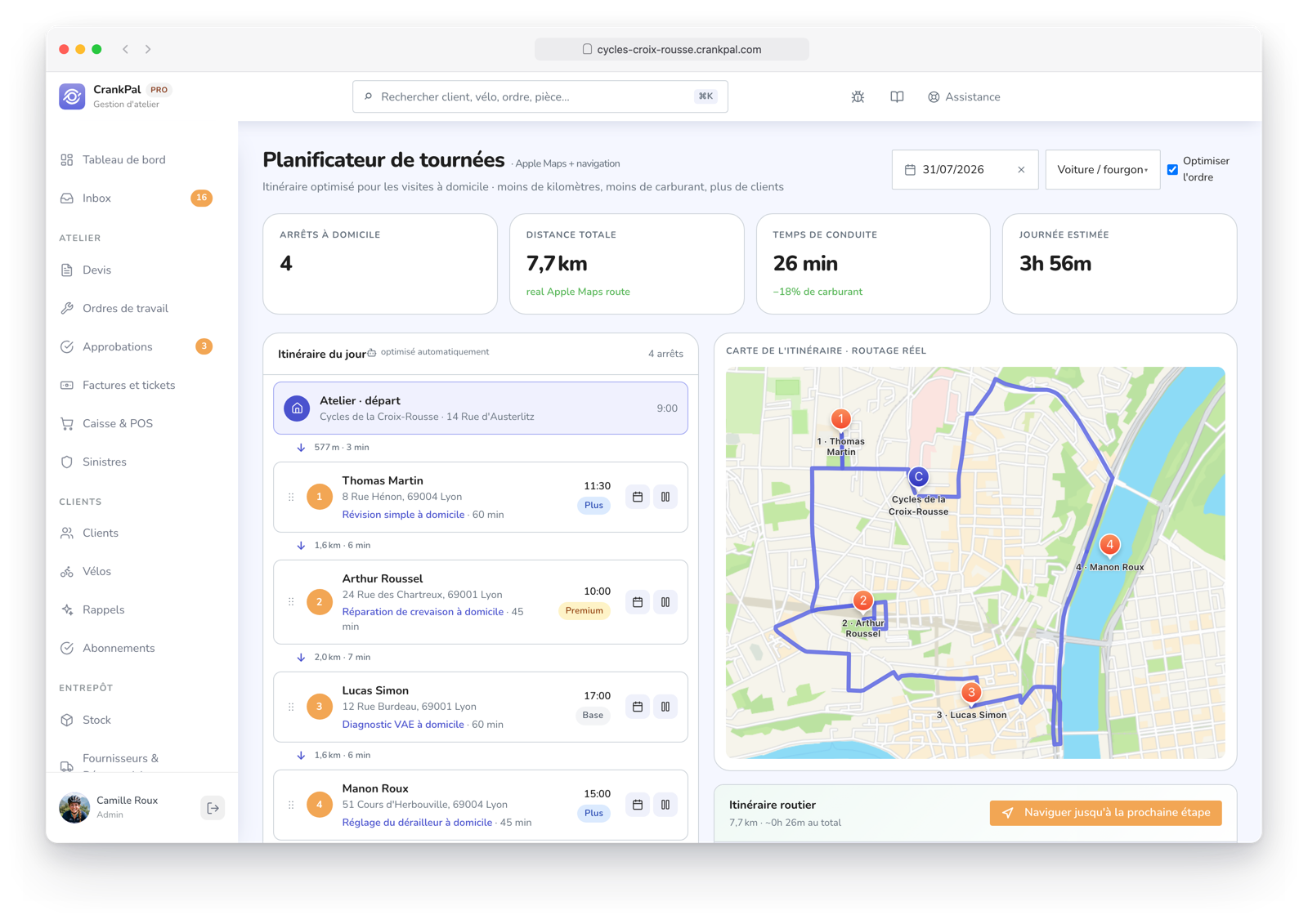 Route Planner di CrankPal: percorso a domicilio ottimizzato su mappa con tappe ordinate, distanza totale, tempo di guida e durata stimata della giornata.
