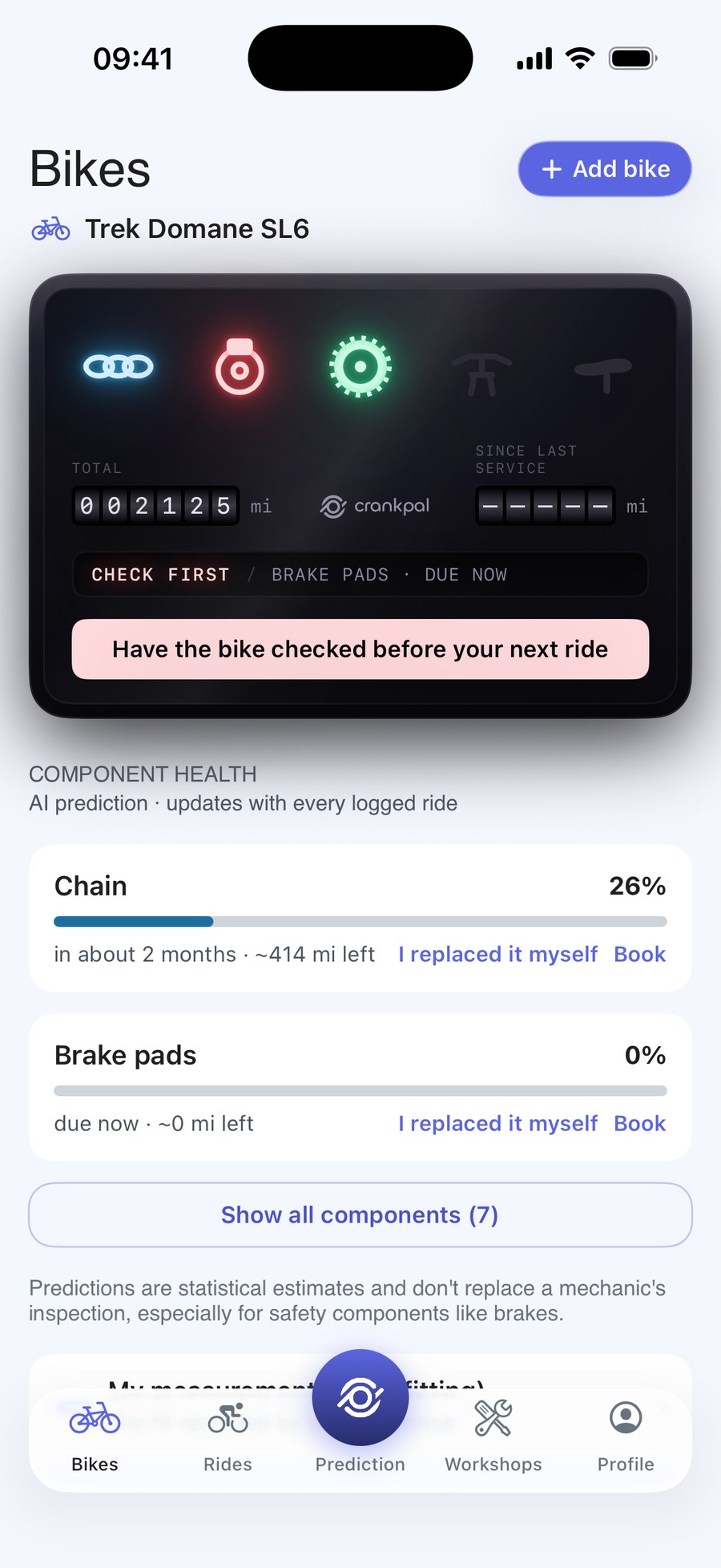 Application CrankPal : l'état du vélo et la prévision d'usure de la chaîne, avec la prise de rendez-vous