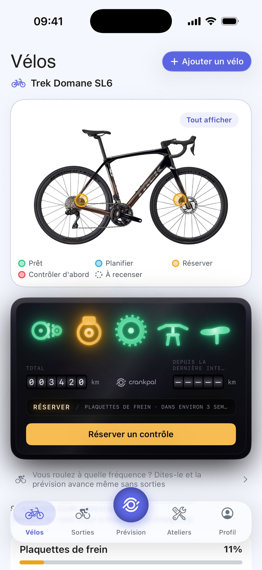 Application CrankPal : l'état du vélo et la prévision d'usure de la chaîne, avec la prise de rendez-vous