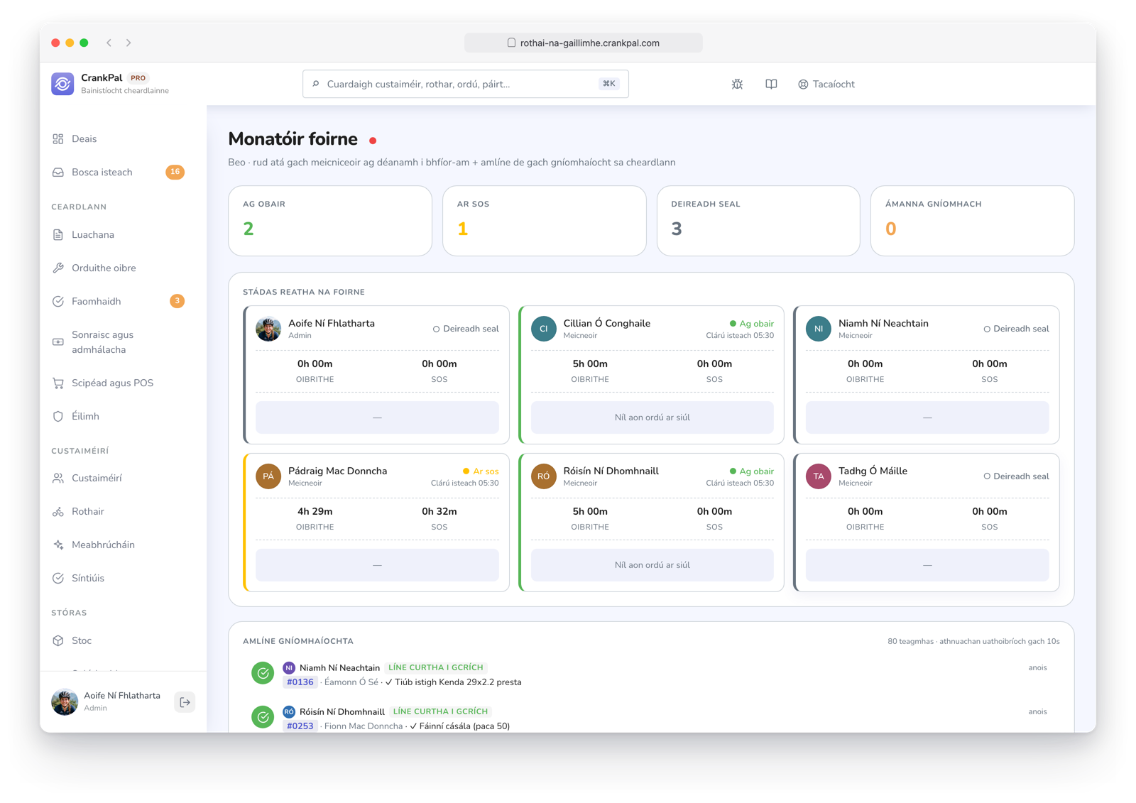 Monitor team di CrankPal in tempo reale: collaboratori al lavoro, in pausa o fuori turno, timer attivi sugli ordini e timeline live dell'attività dell'officina.