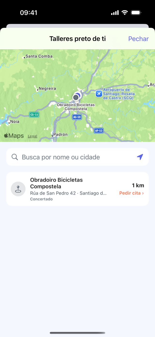 A app CrankPal: o mapa dos talleres próximos, coa ficha do taller, a distancia e o botón para reservar