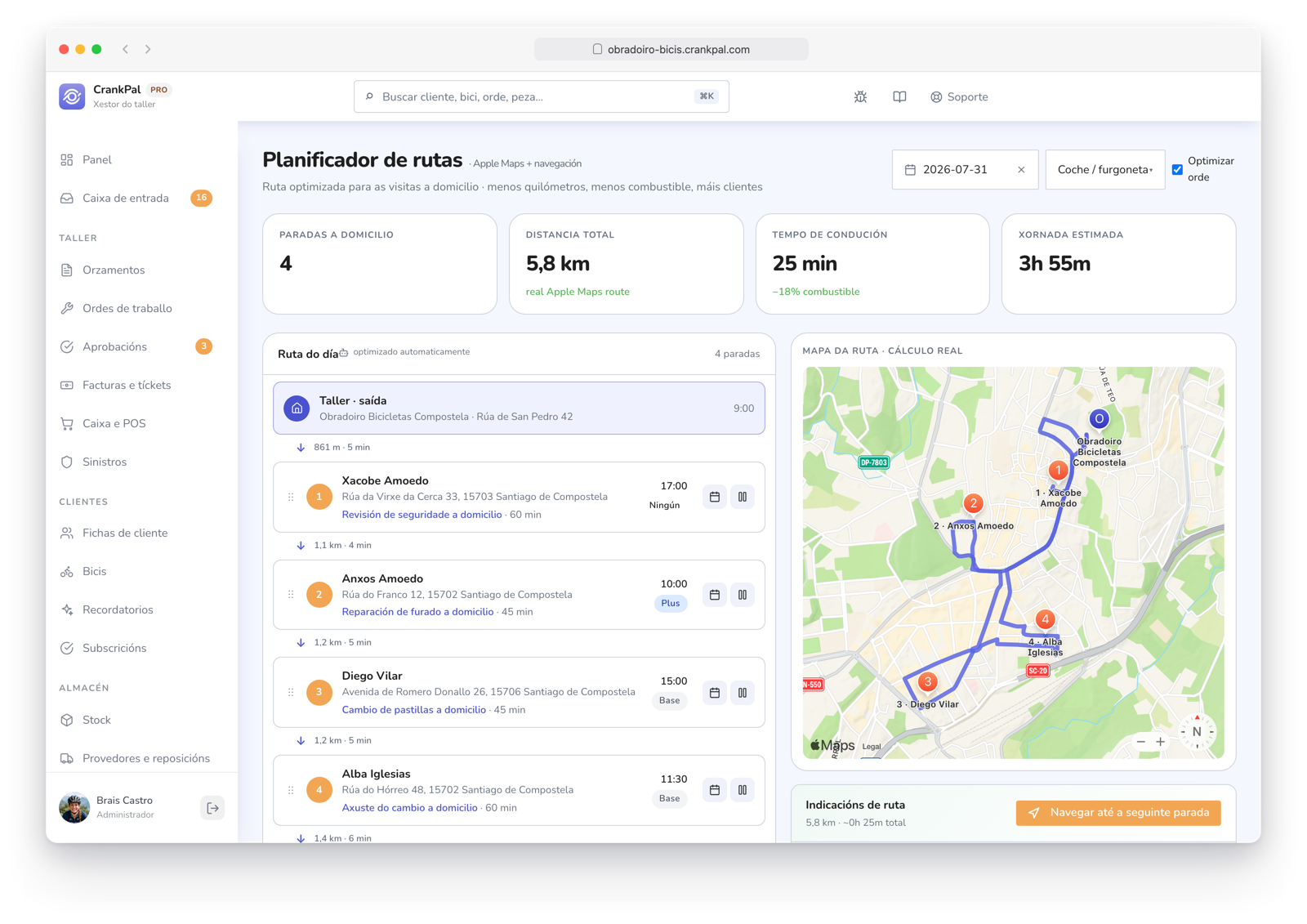 Route Planner di CrankPal: percorso a domicilio ottimizzato su mappa con tappe ordinate, distanza totale, tempo di guida e durata stimata della giornata.