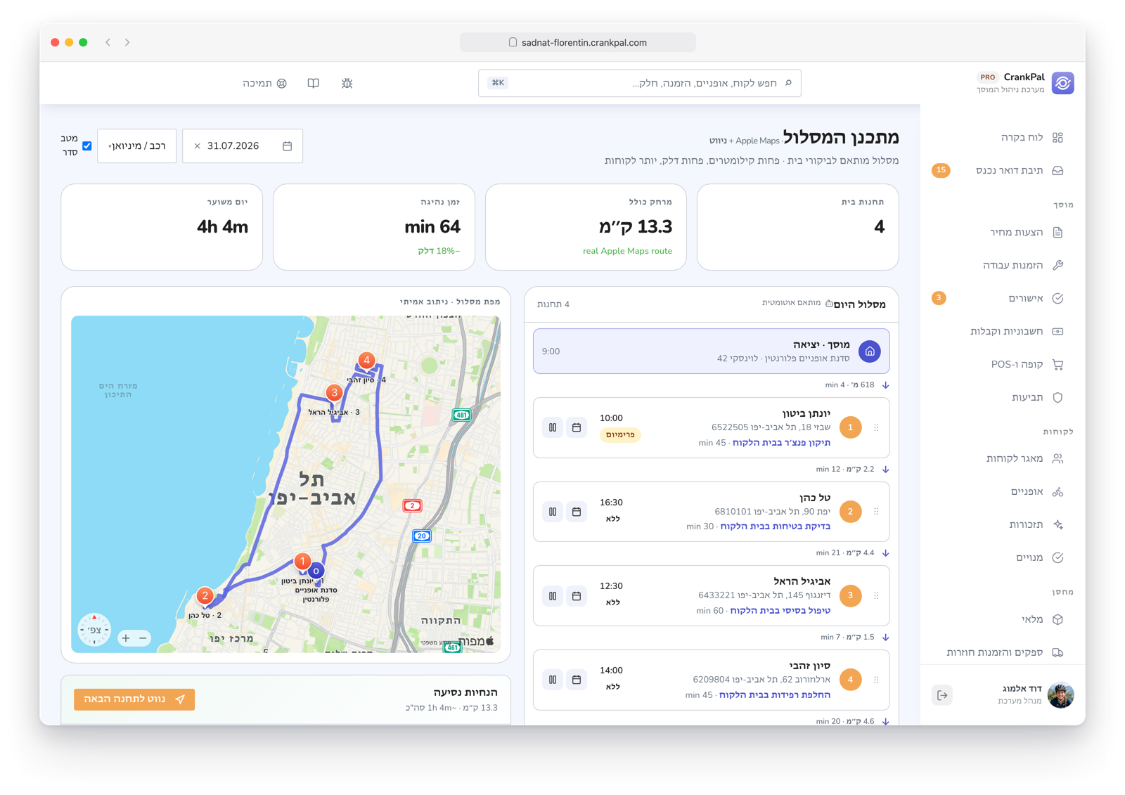 Route Planner di CrankPal: percorso a domicilio ottimizzato su mappa con tappe ordinate, distanza totale, tempo di guida e durata stimata della giornata.