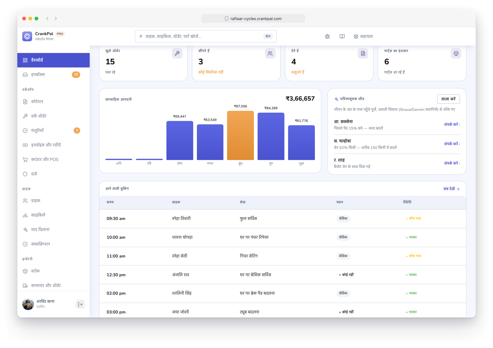 Gestionale CrankPal con i lead predittivi dell'app e le prossime prenotazioni in arrivo dai ciclisti della community.