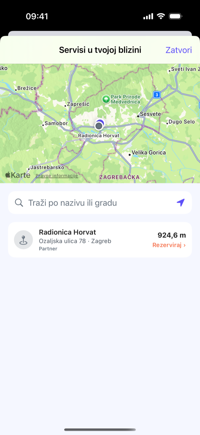 Aplikacija CrankPal: karta servisa u blizini, s karticom servisa, udaljenošću i gumbom za rezervaciju