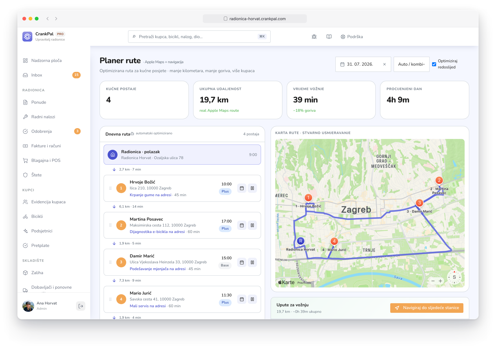 Route Planner di CrankPal: percorso a domicilio ottimizzato su mappa con tappe ordinate, distanza totale, tempo di guida e durata stimata della giornata.