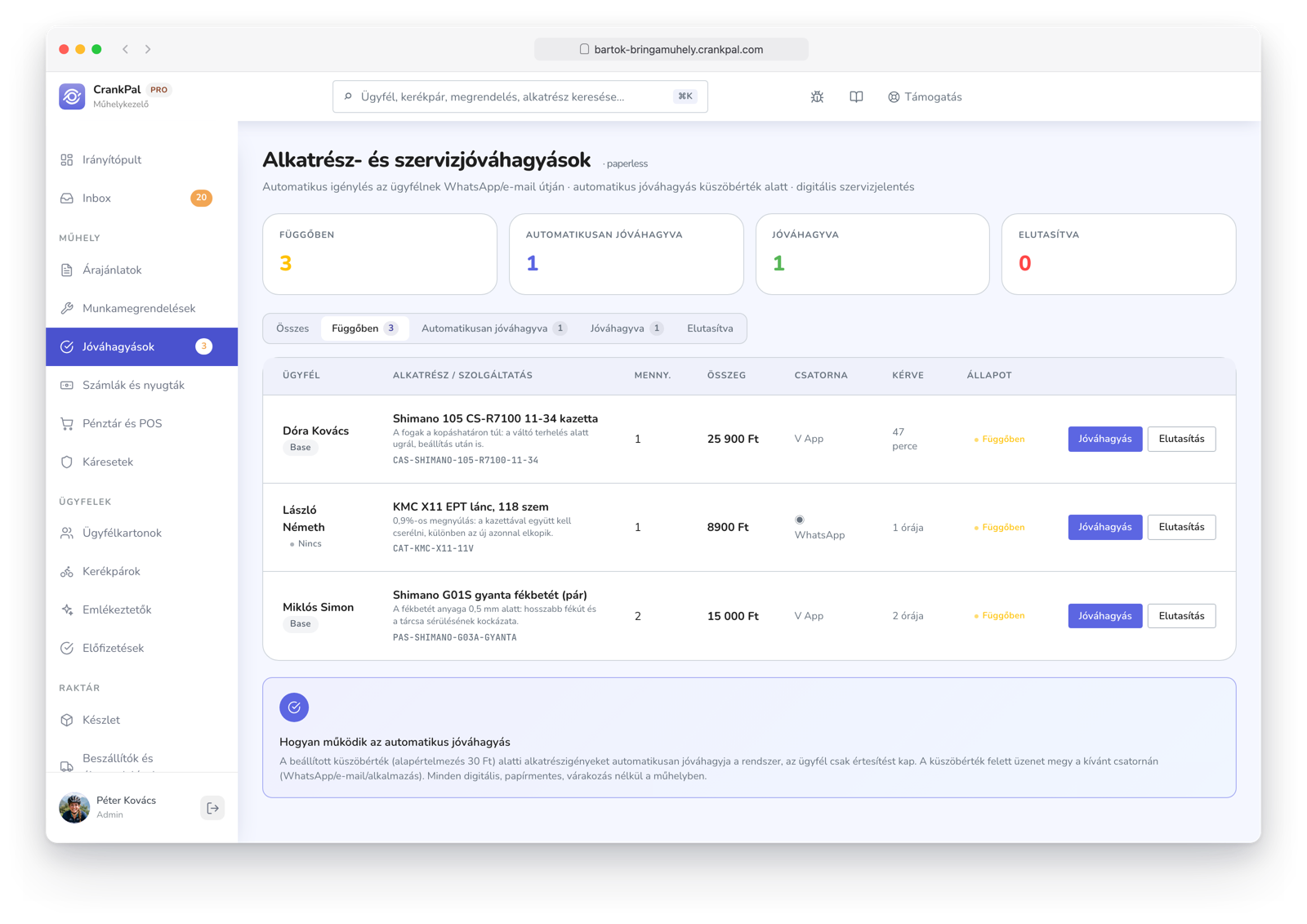 Approvazioni ricambi di CrankPal: richieste in attesa con il motivo dell'intervento, il canale usato per chiedere al cliente — WhatsApp o app — l'importo, e i pulsanti approva e rifiuta, più il conteggio delle auto-approvazioni sotto soglia.