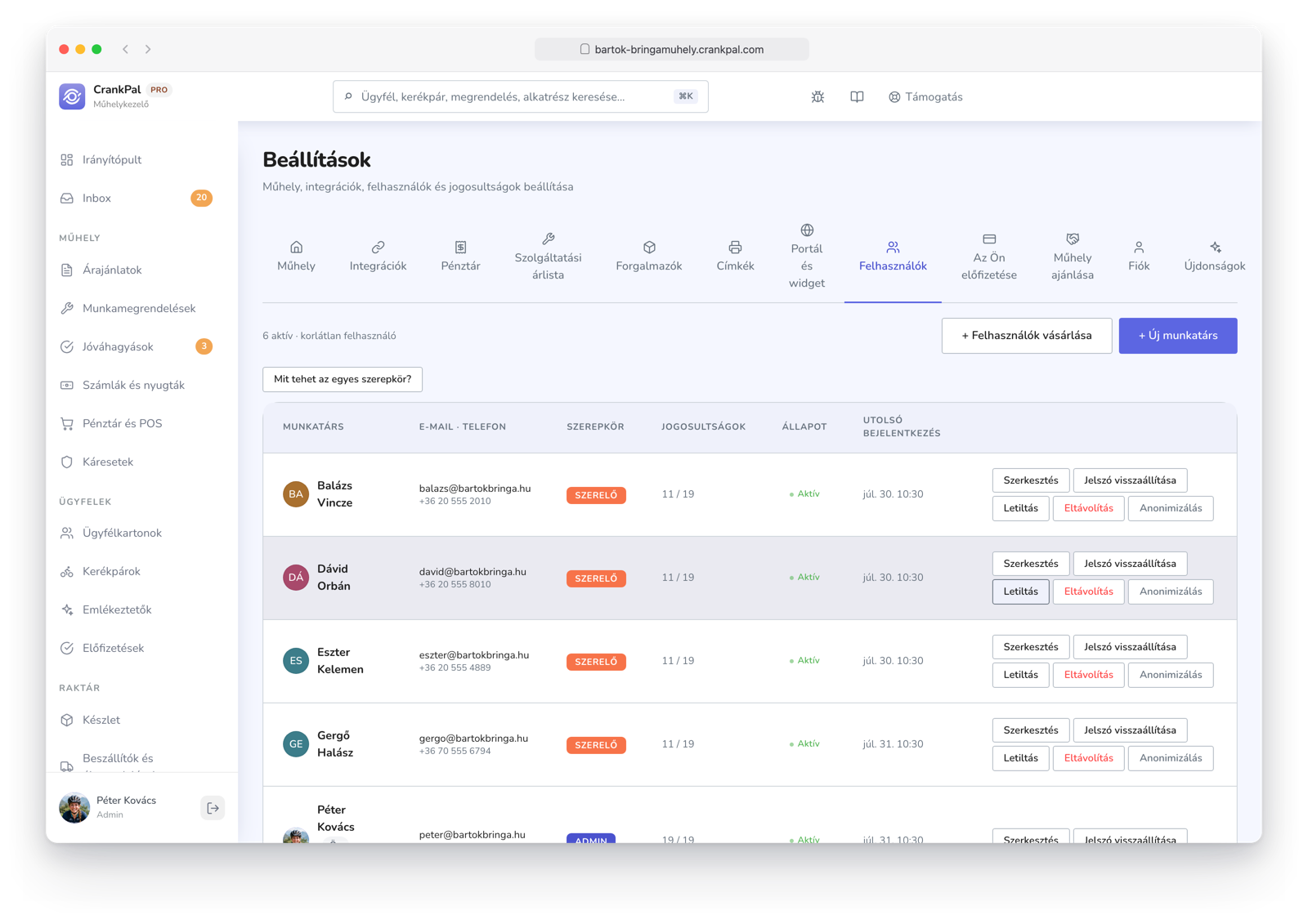 Impostazioni del gestionale CrankPal, scheda Utenti: elenco dei collaboratori con ruolo (admin, manager, meccanico), permessi per sezione, stato, ultimo accesso e azioni di modifica, reset password e disabilitazione.