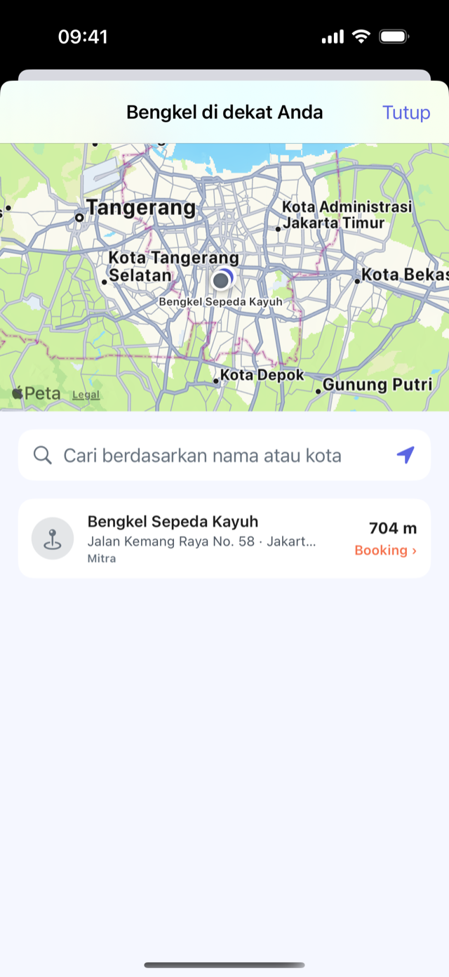 Aplikasi CrankPal: peta bengkel di sekitar, dengan kartu bengkel, jarak, dan tombol untuk memesan