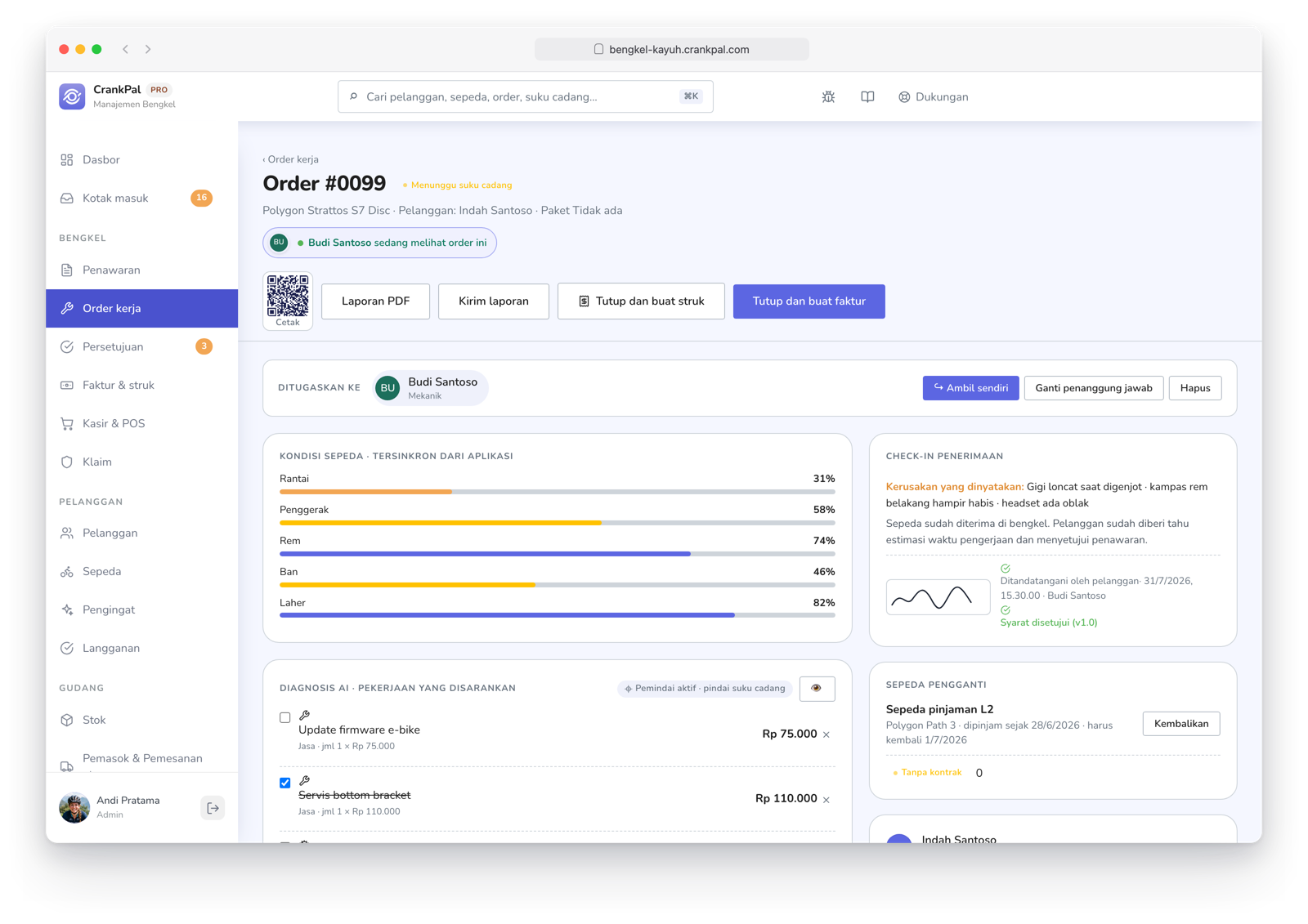 Ordine di lavoro CrankPal con previsione di servizio AI e interventi consigliati, check-in di accettazione con foto e firma e salute della bici sincronizzata dall'app.