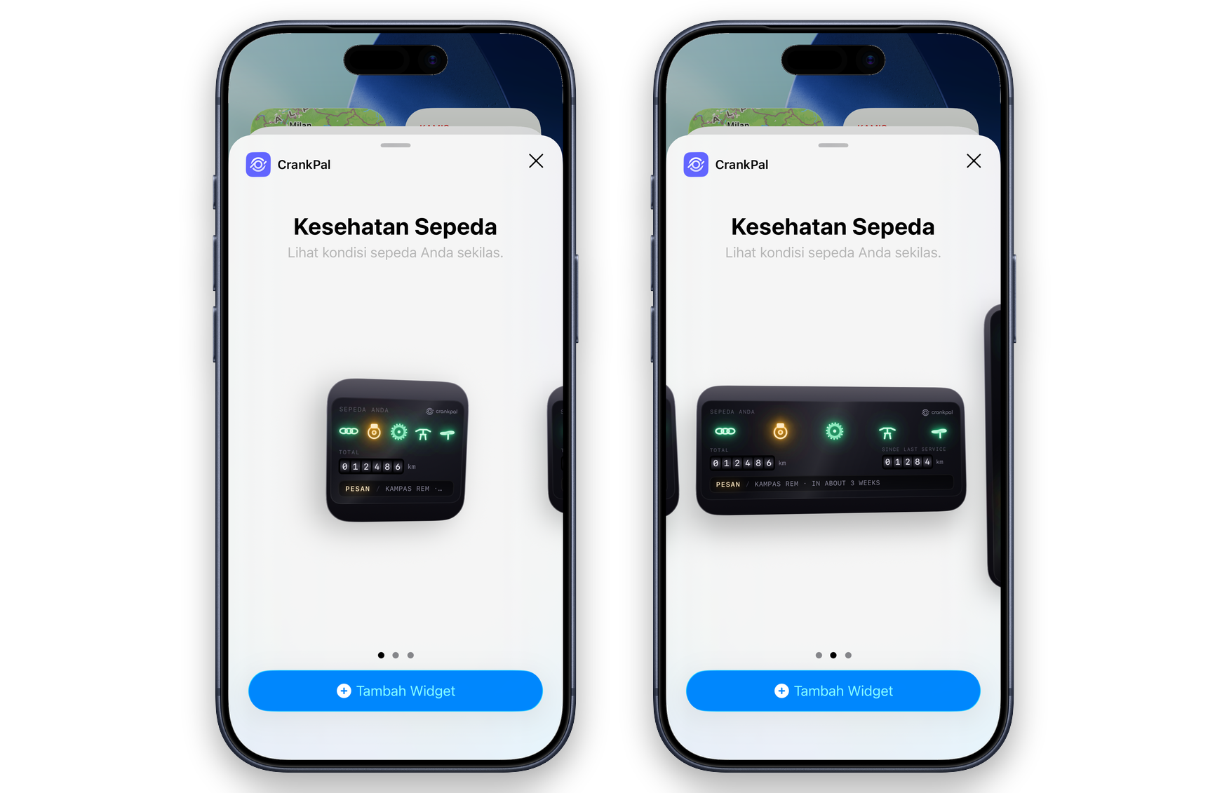 Galeri widget iOS dengan widget CrankPal dalam dua ukuran: lampu kelompok komponen, odometer, dan ajakan untuk memesan pemeriksaan