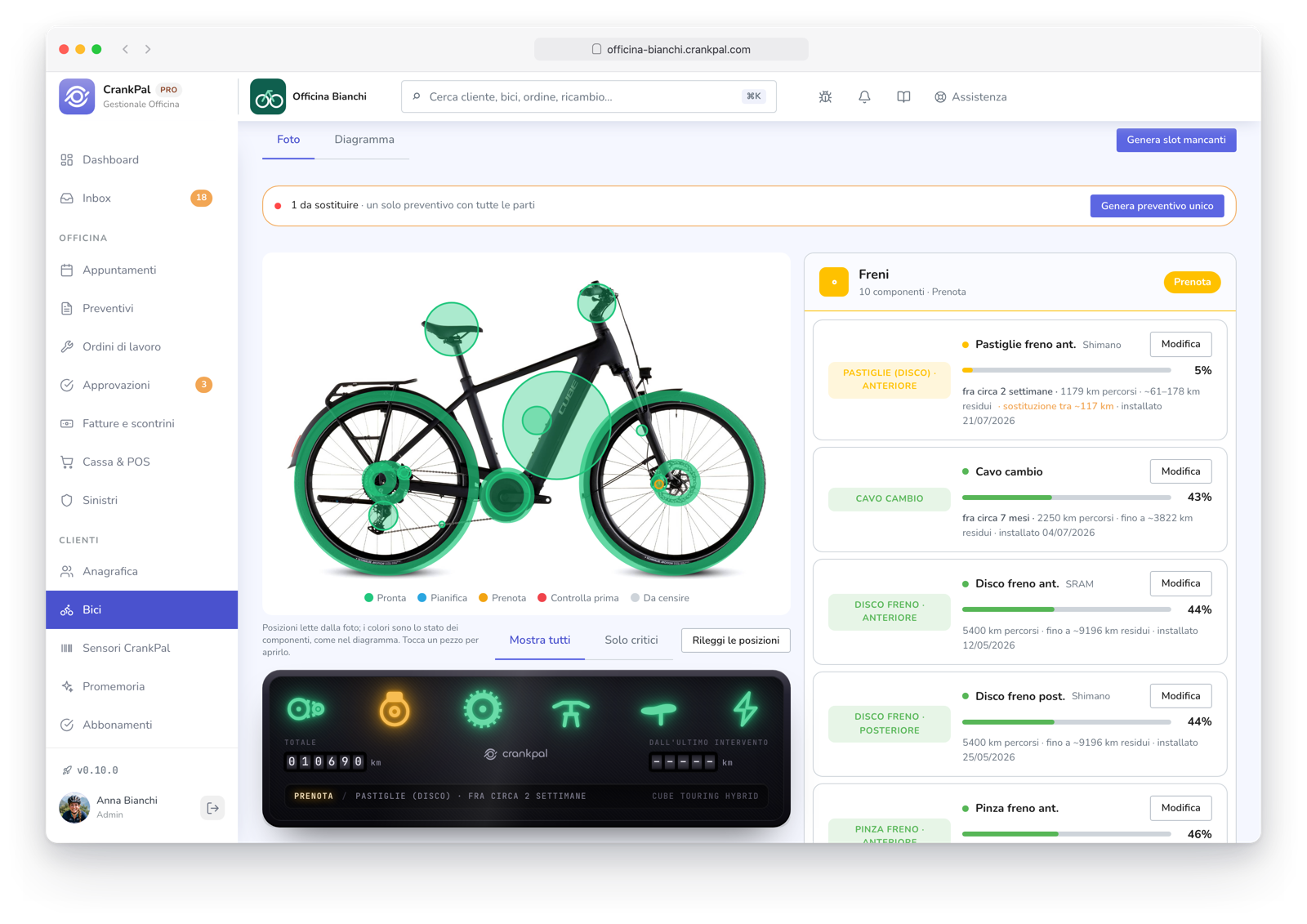 Scheda di una e-bike nel gestionale CrankPal: la foto del modello con gli stati dei componenti evidenziati sopra i pezzi, accanto l'elenco dei componenti censiti con la percentuale di usura di pastiglie, cavi e dischi freno, chilometri percorsi e data di installazione, e il pulsante per generare un preventivo unico con le parti da sostituire.